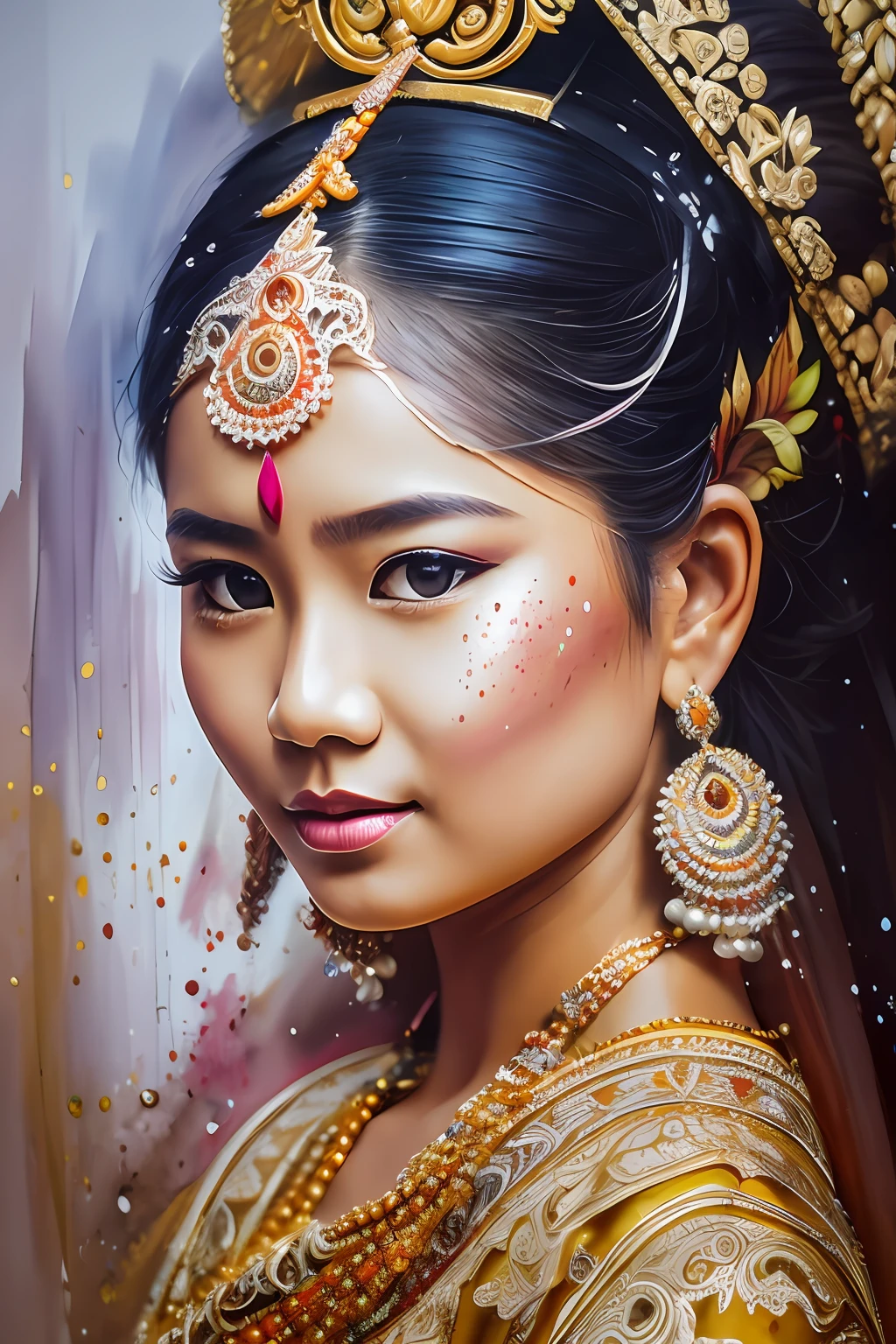 A Balinese ethnic traditional dancer, detailed and sharp focus on her face, ultra details, hi-res, portrait by Willem Haenraets, watercolor, wet on wet and splattering techniques, centered, perfect composition, abstraction, surrealism, trending on artstation, sharp focus, studio photo, intricate details, highly detailed, by Greg Rutkowski --auto --s2