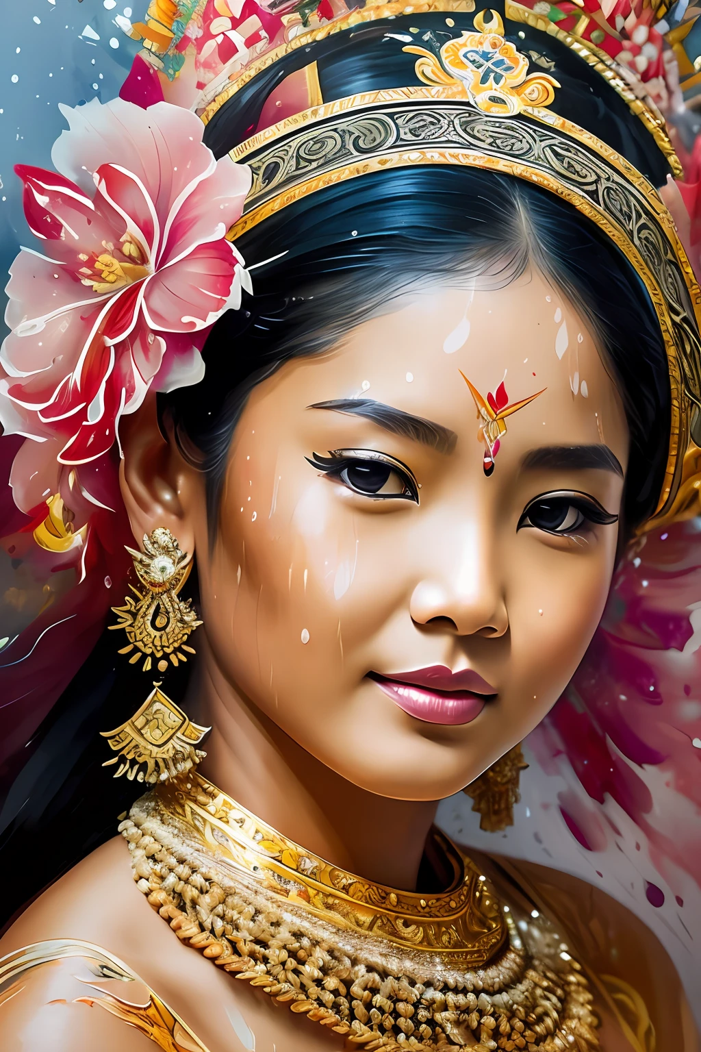 A Balinese ethnic traditional dancer, detailed and sharp focus on her face, ultra details, hi-res, portrait by Willem Haenraets, watercolor, wet on wet and splattering techniques, centered, perfect composition, abstraction, surrealism, trending on artstation, sharp focus, studio photo, intricate details, highly detailed, by Greg Rutkowski --auto --s2