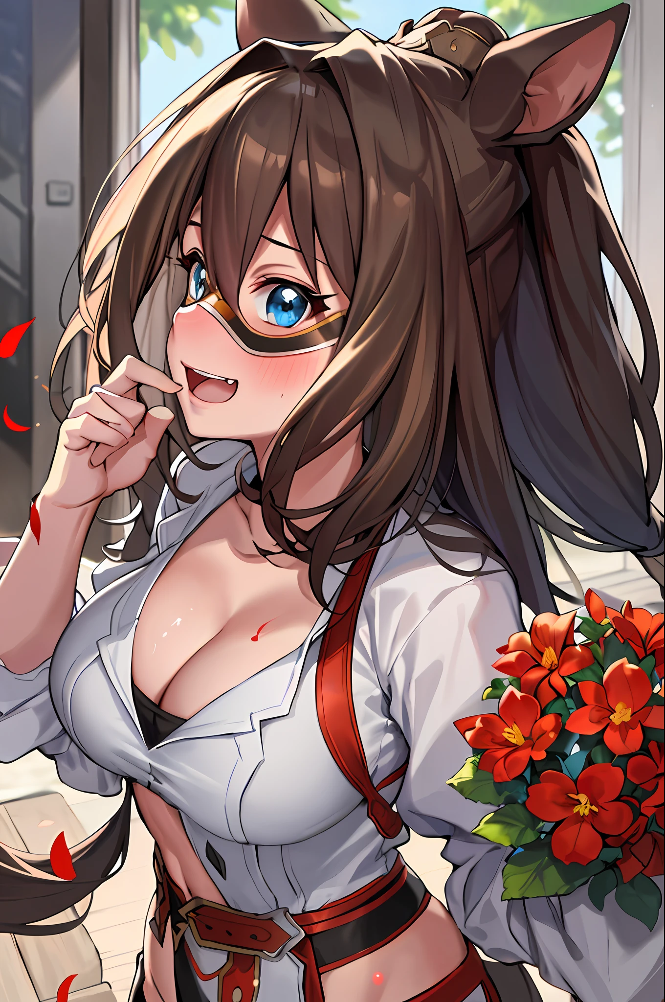 Top quality, masterpiece, high resolution, 8k, hoodie and anime style girl, one girl, detailed line art, bright white and bright amber style, digital enhancement, close-up, anime core, flowing fabric, masterpiece, single girl, solo, light smile, big, lower breasts, cleavage, heart pupils, one girl, crotch, big, navel, nude, (masterpiece, top quality), horizontal lightning, fine and beautiful eyes, angry face, madness, open mouth, scream, rough face, blush, sweat, mask, 1 girl, big, indoors, bedroom, hands on chest, mask, huge, whiplash, (masterpiece, highest quality, highest quality, extreme detail, best detail, official art, beautiful and aesthetic: 1.2), colorful, beautiful face, beautiful eyes, solo, perfect body, white shirt, gray hair, outdoor, red flowers, Standing in a field with red flowers, from the side, looking at the viewer, mask