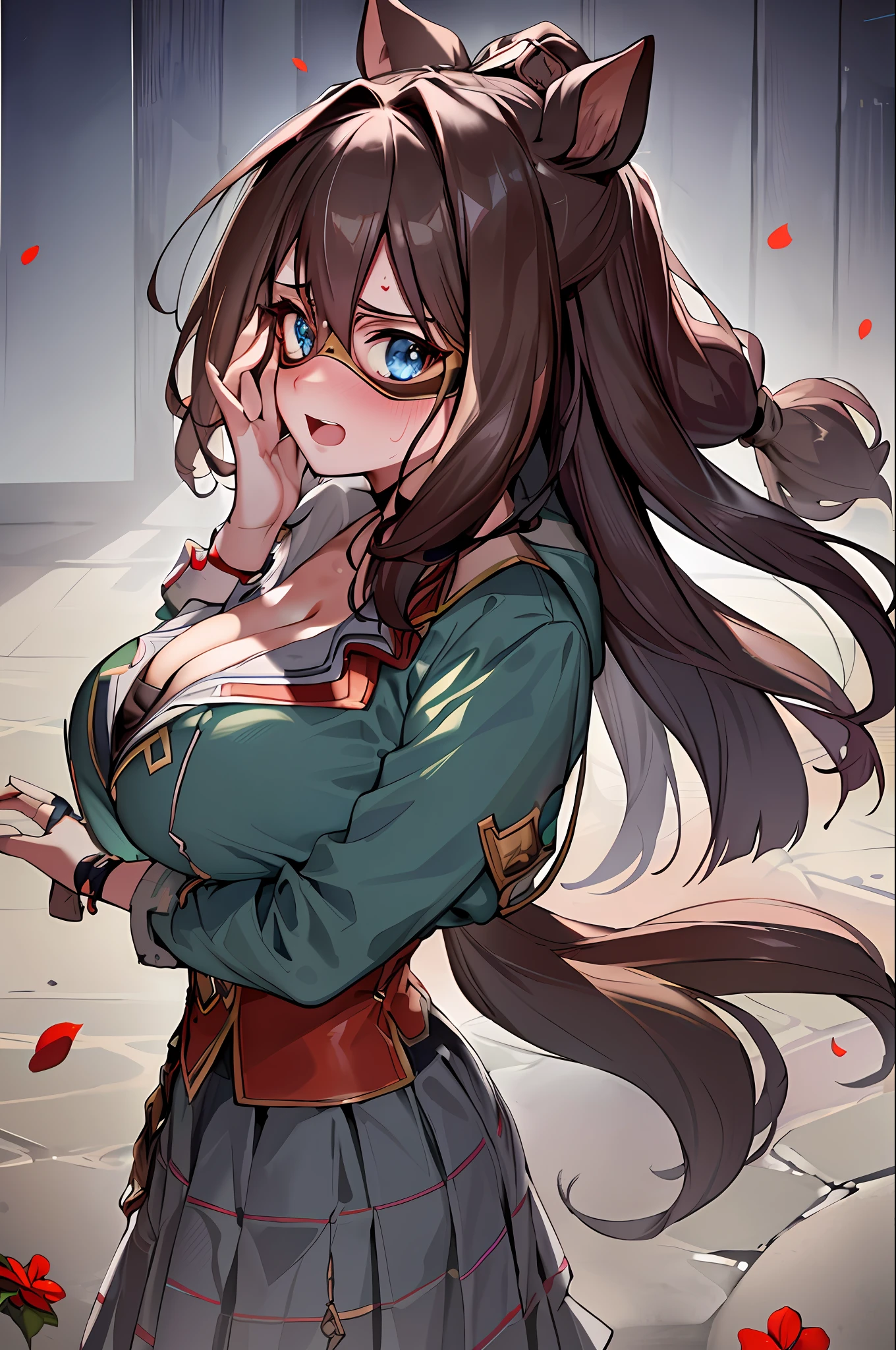 Top Quality, Masterpiece, High Definition, 8k, Hoodie and Anime Style Girl, One Girl, Detailed Line Art, Bright White and Bright Amber Style, Digital Enhancement, Close Up, Anime Core, Flowing Fabric, Masterpiece, One Girl, Solo, Light Smile, Big, Lower, Cleavage, Heart Eyes, Opening, Long Hair, Super Long Hair, Forest, (Hand to Mouth: 1.3), Hands to Their Face, One girl, crotch, big, navel, nude, (masterpiece, highest quality), horizontal lightning, fine and beautiful eyes, angry face, madness, open mouth, screaming, rough face, blush, sweat, mask, 1 girl, big, indoors, bedroom, hands on chest, mask, huge, whiplash, (masterpiece, highest quality, highest quality, extreme detail, supreme detail, official art, beautiful and aesthetic: 1.2), colorful, beautiful face, Beautiful eyes, solo, perfect body, white shirt, gray hair, outdoors, red flowers, standing in a field with red flowers, from the side, looking at the viewer, mask