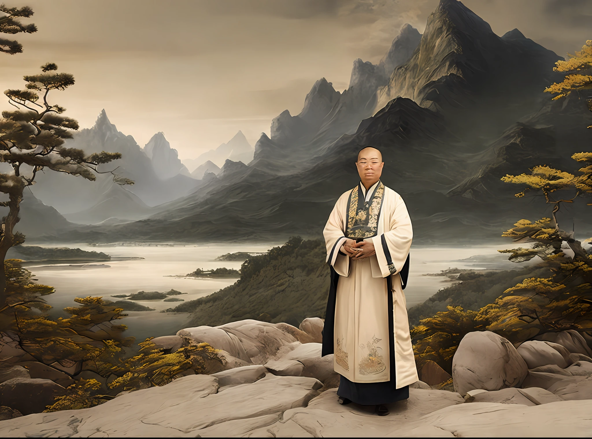 ((best quality)), ((masterpiece)), ((realistic)), Chinese Taoist priest with grey hair captured in a full body view. The priest stands in front of a majestic mountain, framed by an ancient temple. Gazing directly at the camera, he exudes a sense of tranquility and spiritual wisdom. The serene mountain landscape serves as a backdrop, evoking a deep connection to nature. The scene is bathed in soft, natural sunlight, casting a warm glow on the priest and the surroundings. The artwork draws inspiration from the Ming Dynasty ink paintings of Shen Zhou, renowned for their meticulous brushwork and composition. Executed on a silk scroll using ink, it reflects the essence of traditional Chinese landscape portraiture. The color scheme features harmonious earth tones, creating a sense of harmony and balance. With exquisite craftsmanship and attention to detail, this composition becomes a captivating and immersive masterpiece, inviting the viewer into a world of serenity and spirituality