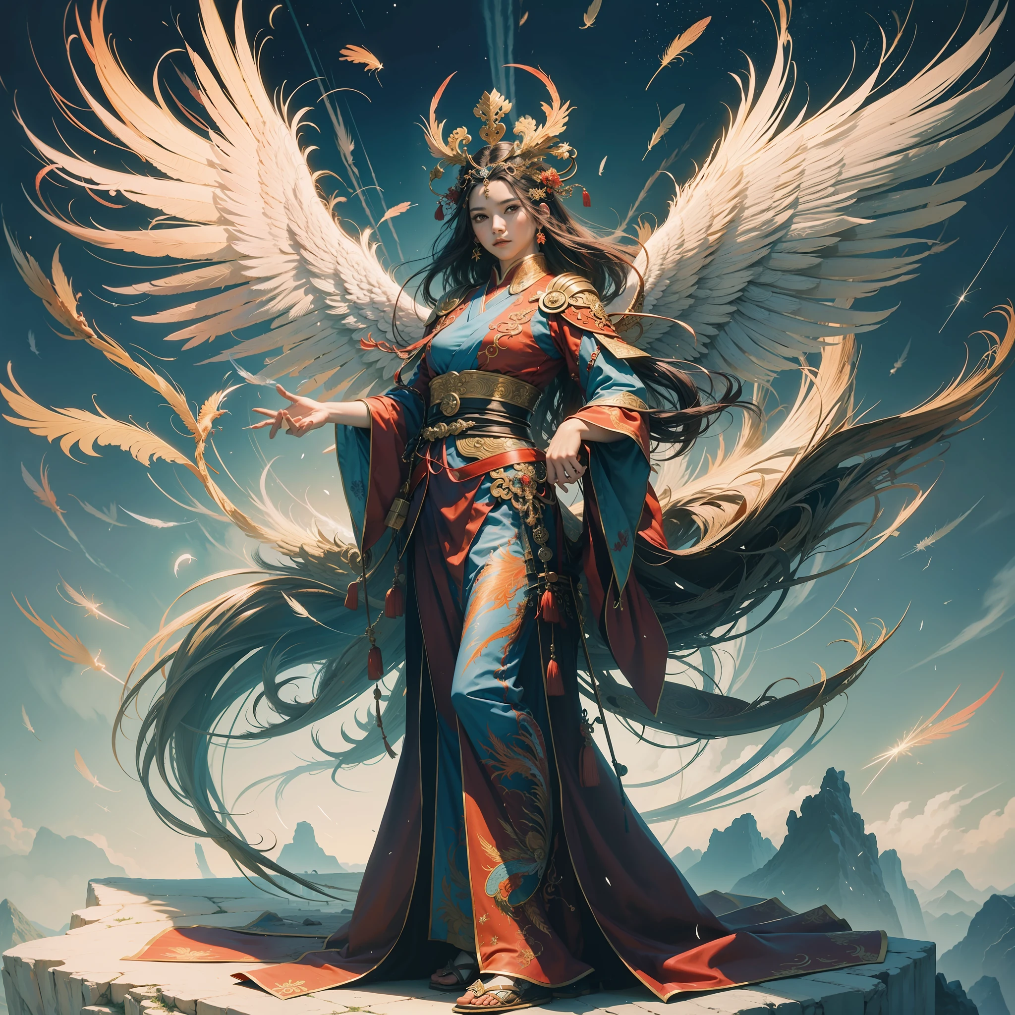 Chinese style, phoenix fairy, god, queen, gorgeous clothes, beautiful feather pattern, red hanfu, phoenix crown, standing on the top of the mountain, 32k --niji 5