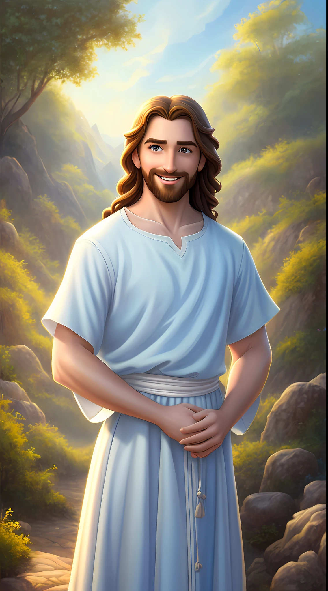 Original art quality, full body picture, Disney character animation style, young and handsome Jesus God, standing posture, hands naturally placed on both sides, looking ahead, gentle expression and smiling, eyes full of light, background light blue, translucent, with light as the theme, the focus of light is on the characters, the overall picture is fresh and bright.