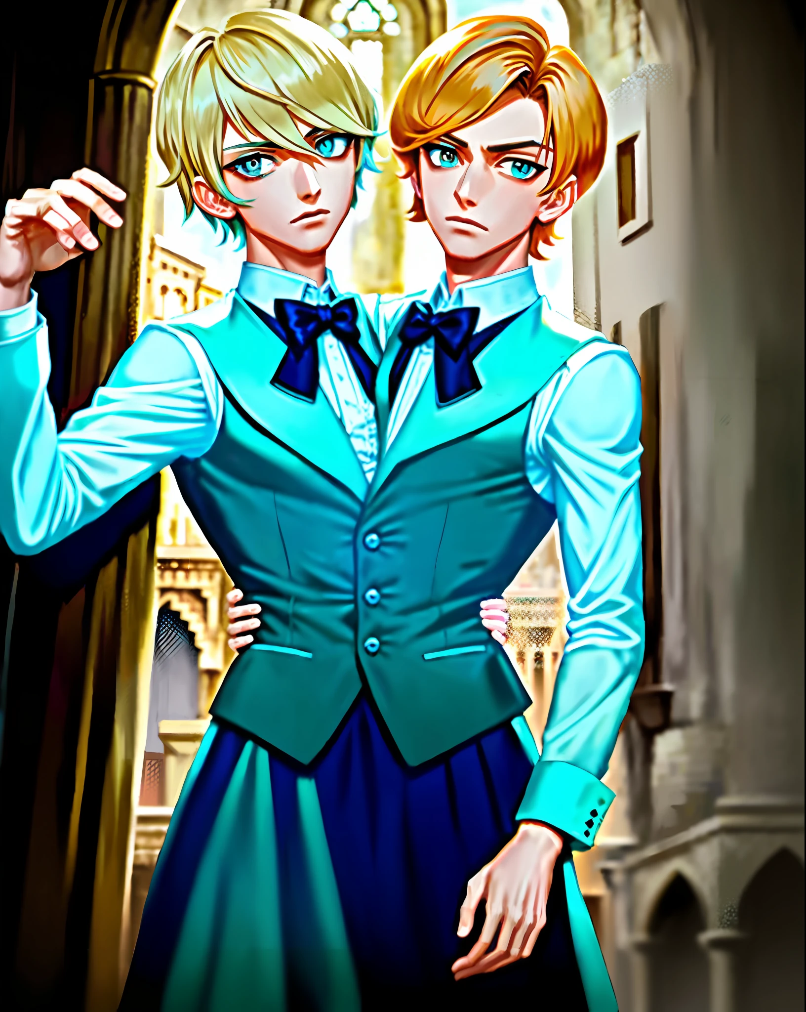 1boy, (man), 2heads, conjoined, heads side by side, no more than 2 arms, manly body, anime, extremely detailed, hyper detailed, (broad shoulders), (PERFECT FACE), illustration, soft lighting, 2d, intricate, cowboy shot, detailed eyes, blonde hair, short hair, teal eyes, sexy, toned, tuxedo, skirt, (outside), castle tower