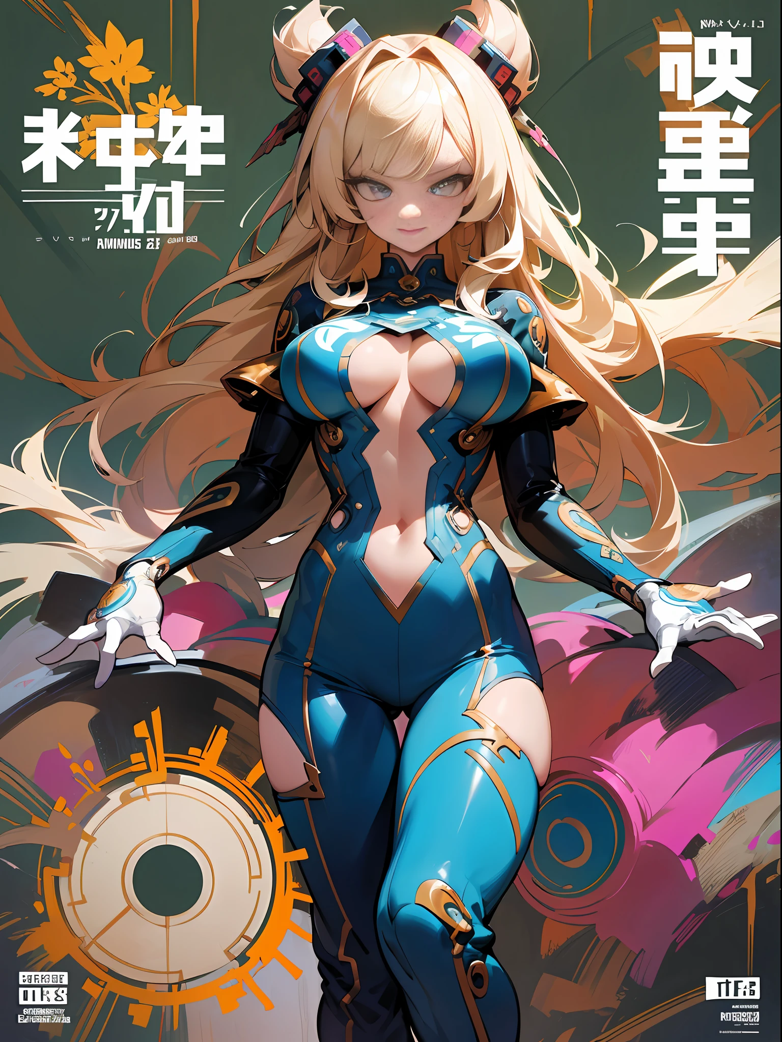 background, mixed-language_text, Japanese letters in graffit, girls, long blonde hair, excellent lighting, sidelighting, perfect ultimate (flat color: 1.3), (magazine_cover: 1.4), (multicolored_background: 1.3), striped_background, card_background, :: comix style by joe madureira :: circular pieces of white metals glued to the ultra detailed arms coming out sparkling shine, perfect and detailed, ultra detailed shirt with abstract design and with Japanese letter print in graffit of the sides of clothing, image of girls with big breast, on top of a futuristic motorcycle, with immersive effects, hover effect, background graffiti style tribal tattoo with flowers and vibrant colors, "ultra HDR" detailed and with focus effect, (masterpiece: 1.2, best quality), (beautiful eyes with huge eyelashes finely detailed: 1.2), , ((Solo)), (Finely detailed eyes and detailed face: 1.3), in various full-body attack poses, (cute background: 1.2),futuristic costume, super detailed circular metals Clinging to the arms and pants, fantastic paintings