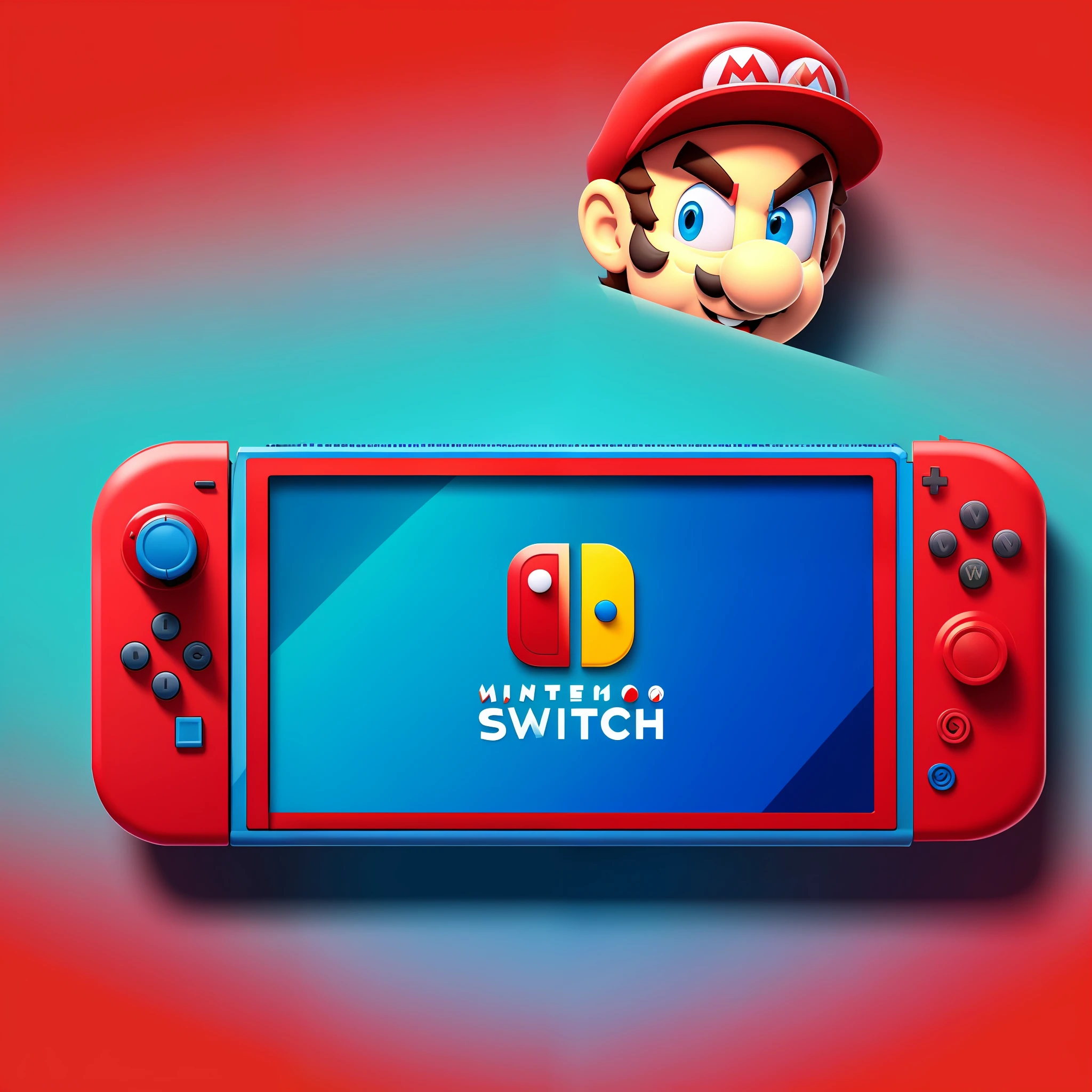 Cartoon style, overall bright, Mario Nintendo elements, red and blue embellishments