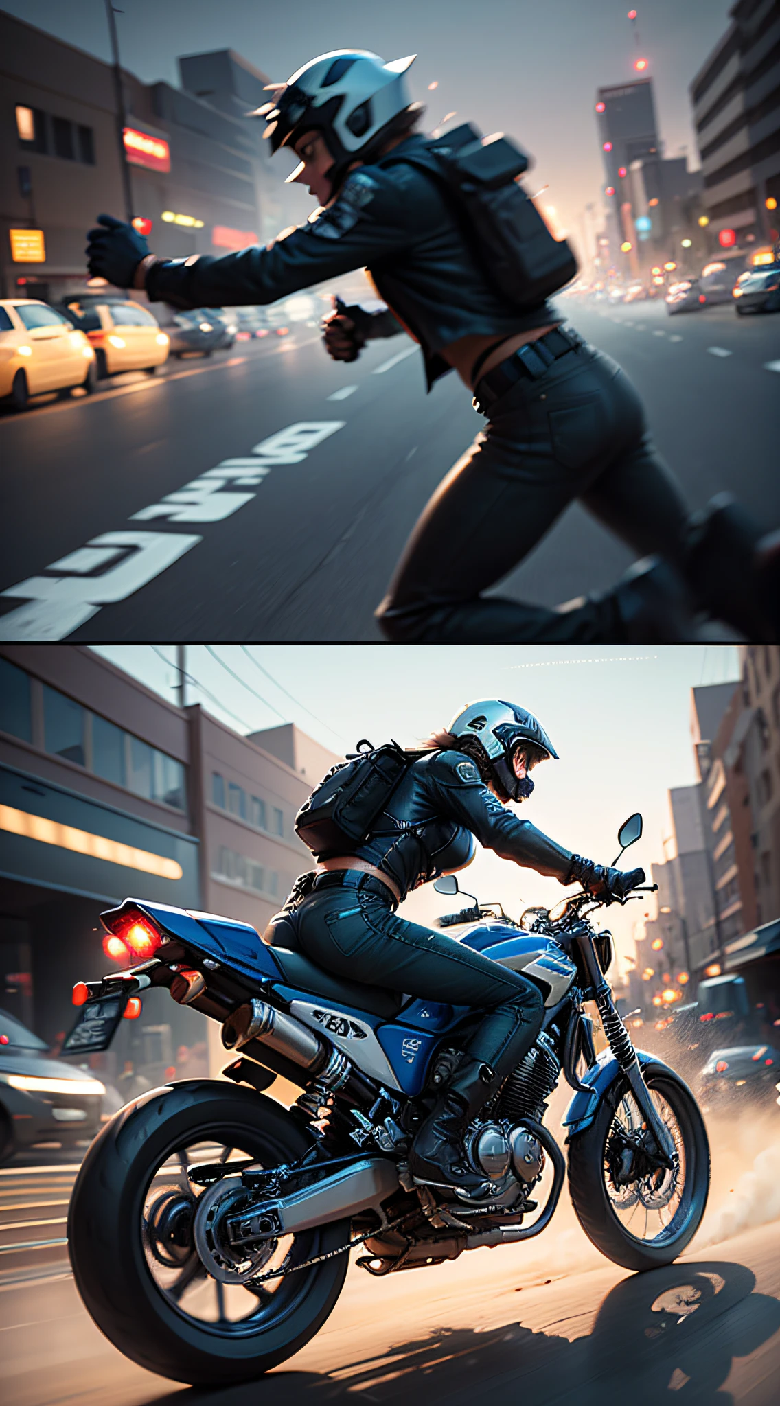 【Illustration】 Comic page, one page has four panels: in the city full of gunsmoke (vista), several racers riding motorcycles, crazy racing on the street (close-up, low tracking, horizontal motion blur), tires rubbing the ground, smoke and dust, lights full of lights, [Continuous shooting] in the style of Andreas Rocha, cobalt blue and reflective silver, motion picture film P30, asymmetrical cut composition
