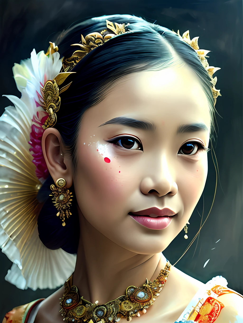 A balinese ethnic traditional dancer, detailed and sharp focus on her face, ultra details, hi-res, portrait by Willem Haenraets, watercolor, wet on wet and splattering techniques, centered, perfect composition, abstraction, surrealism, trending on artstation, sharp focus, studio photo, intricate details, highly detailed, by Greg Rutkowski