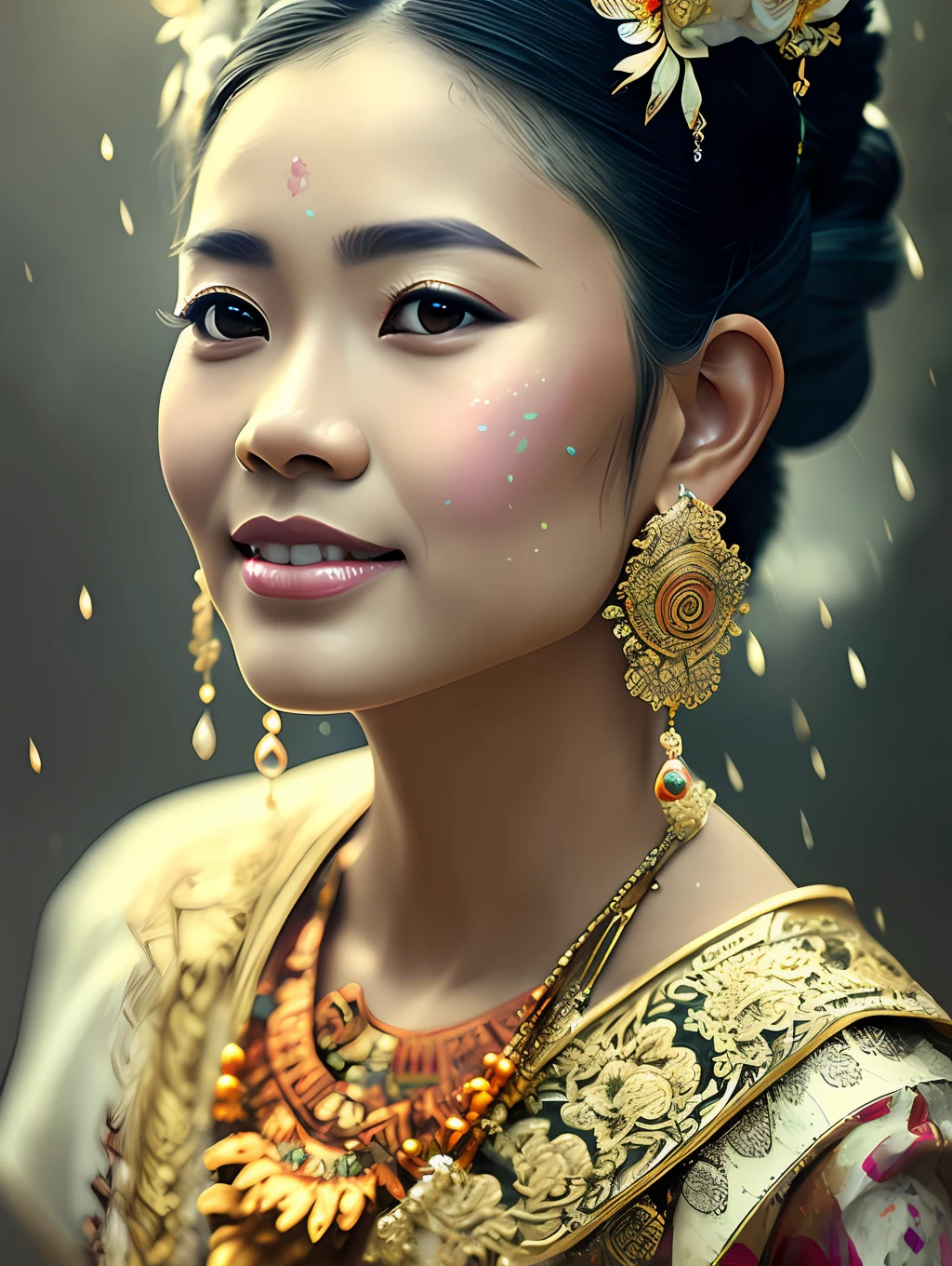 A balinese ethnic traditional dancer, detailed and sharp focus on her face, ultra details, hi-res, portrait by Willem Haenraets, watercolor, wet on wet and splattering techniques, centered, perfect composition, abstraction, surrealism, trending on artstation, sharp focus, studio photo, intricate details, highly detailed, by Greg Rutkowski