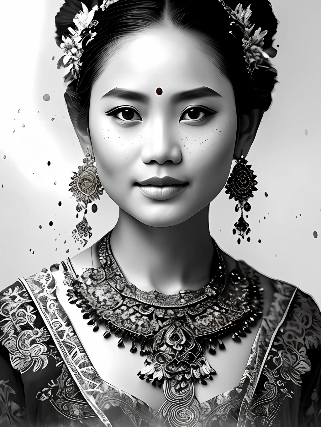 A balinese ethnic traditional dancer, detailed and sharp focus on her face, ultra details, hi-res, portrait by Willem Haenraets, watercolor, wet on wet and splattering techniques, centered, perfect composition, abstraction, surrealism, trending on artstation, sharp focus, studio photo, intricate details, highly detailed, by Greg Rutkowski