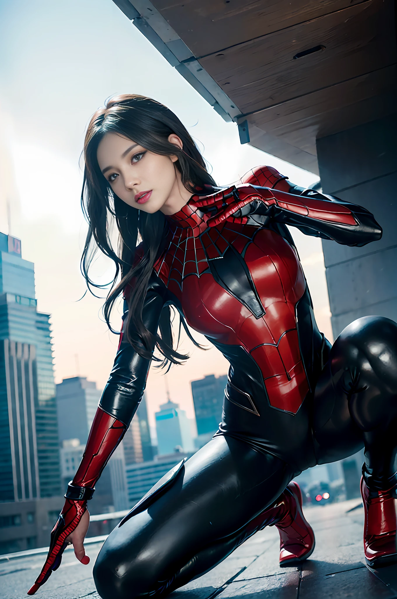 RAW, Masterpiece, Super Fine Photo,, Best Quality, Ultra High Resolution, Photorealistic, Sunlight, Full Body Portrait, Stunningly Beautiful, Dynamic Poses, Delicate Face, Vibrant Eyes, (Side View) , she is wearing a futuristic Iron Lady Spiderman costume, very detailed background, detailed face, detailed and complex busy background, messy, gorgeous, milky, high detailed skin, realistic skin details, visible pores, sharp focus, Volumetric fog, 8k uhd, dslr, high quality, film grain, fair skin, photorealism, lomography, sprawling metropolis in a futuristic dystopia, view from below, translucent
