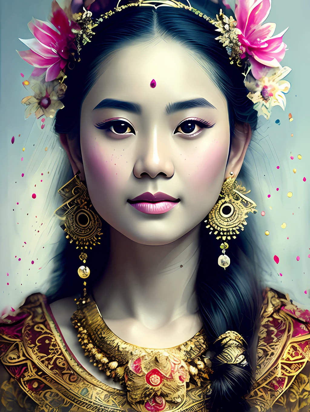 A balinese ethnic traditional dancer, detailed and sharp focus on her face, ultra details, hi-res, portrait by Willem Haenraets, watercolor, wet on wet and splattering techniques, centered, perfect composition, abstraction, surrealism, trending on artstation, sharp focus, studio photo, intricate details, highly detailed, by Greg Rutkowski