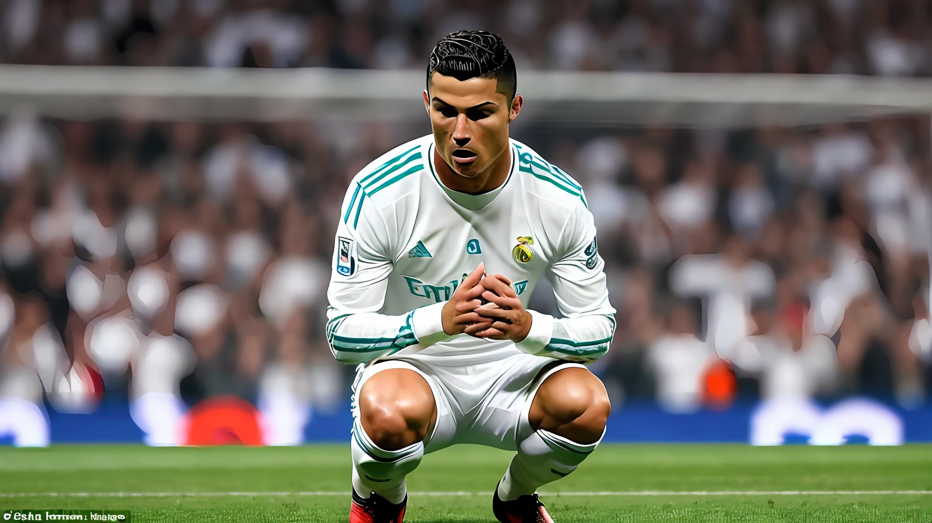 (((best quality))), (Cristiano Ronaldo on his knees looking at the sky in a football match), very sharp image, with great quality to attract people --auto --s2