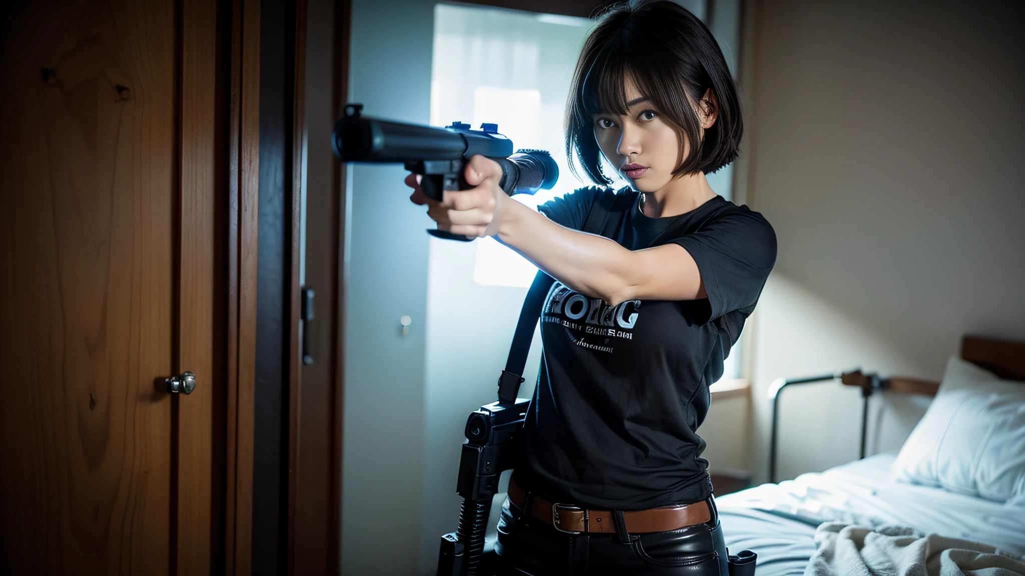 Photo, (Photorealistic: 1.4), (Hyperrealistic: 1.4), (Cinematic: 1.5), Woman in her 20s, Japan person, Solo, Woman with a gun , (Desert Eagle), Nikita, Night, Blue light, Blue filter, Tension, Short hair, Holding a gun with both hands, Basement, Black T-shirt, Electric cord on the wall, Water pipe, Holding a gun, Aiming,