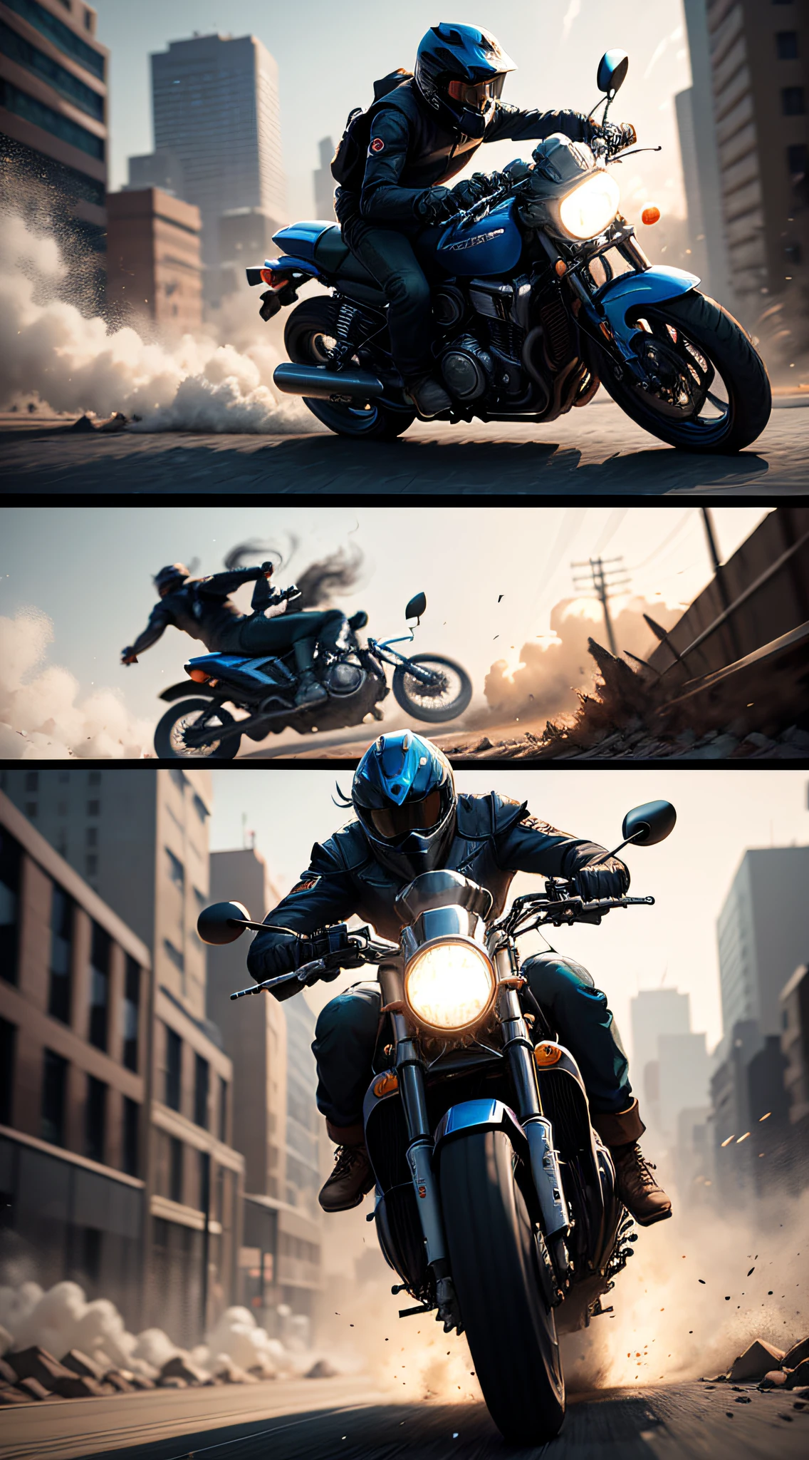 【Illustration】 Comic page, one page has four panels: in the city full of gunsmoke (vista), several racers riding motorcycles, crazy racing on the street (close-up, low tracking, horizontal motion blur), tires rubbing the ground, smoke and dust, lights full of lights, [Continuous shooting] in the style of Andreas Rocha, cobalt blue and reflective silver, motion picture film P30, asymmetrical cut composition