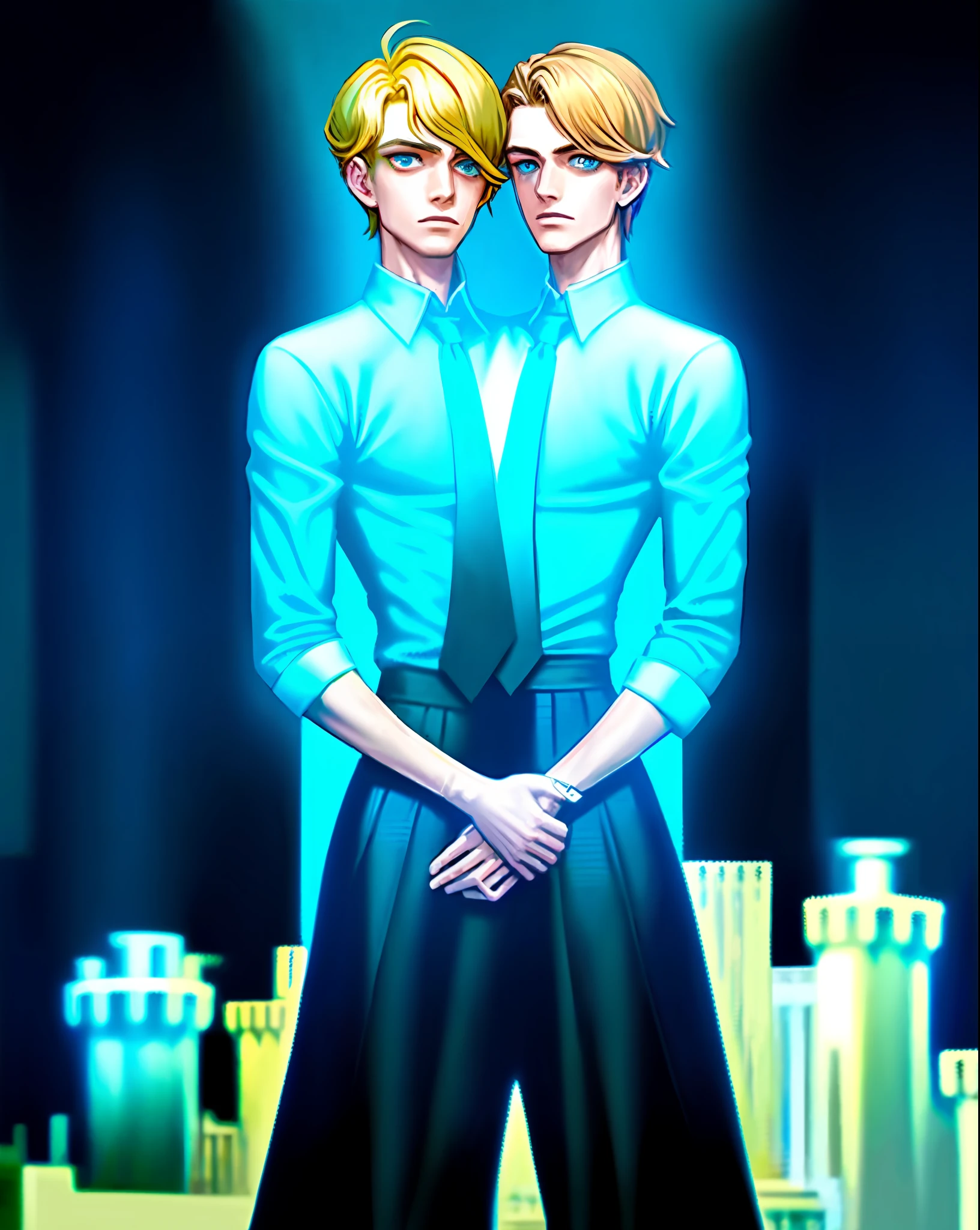 1boy, (man), 2heads, conjoined, heads side by side, no more than 2 arms, manly body, anime, extremely detailed, hyper detailed, (broad shoulders), (PERFECT FACE), illustration, soft lighting, 2d, intricate, cowboy shot, detailed eyes, blonde hair, short hair, teal eyes, sexy, toned, tuxedo, skirt, (outside), castle tower