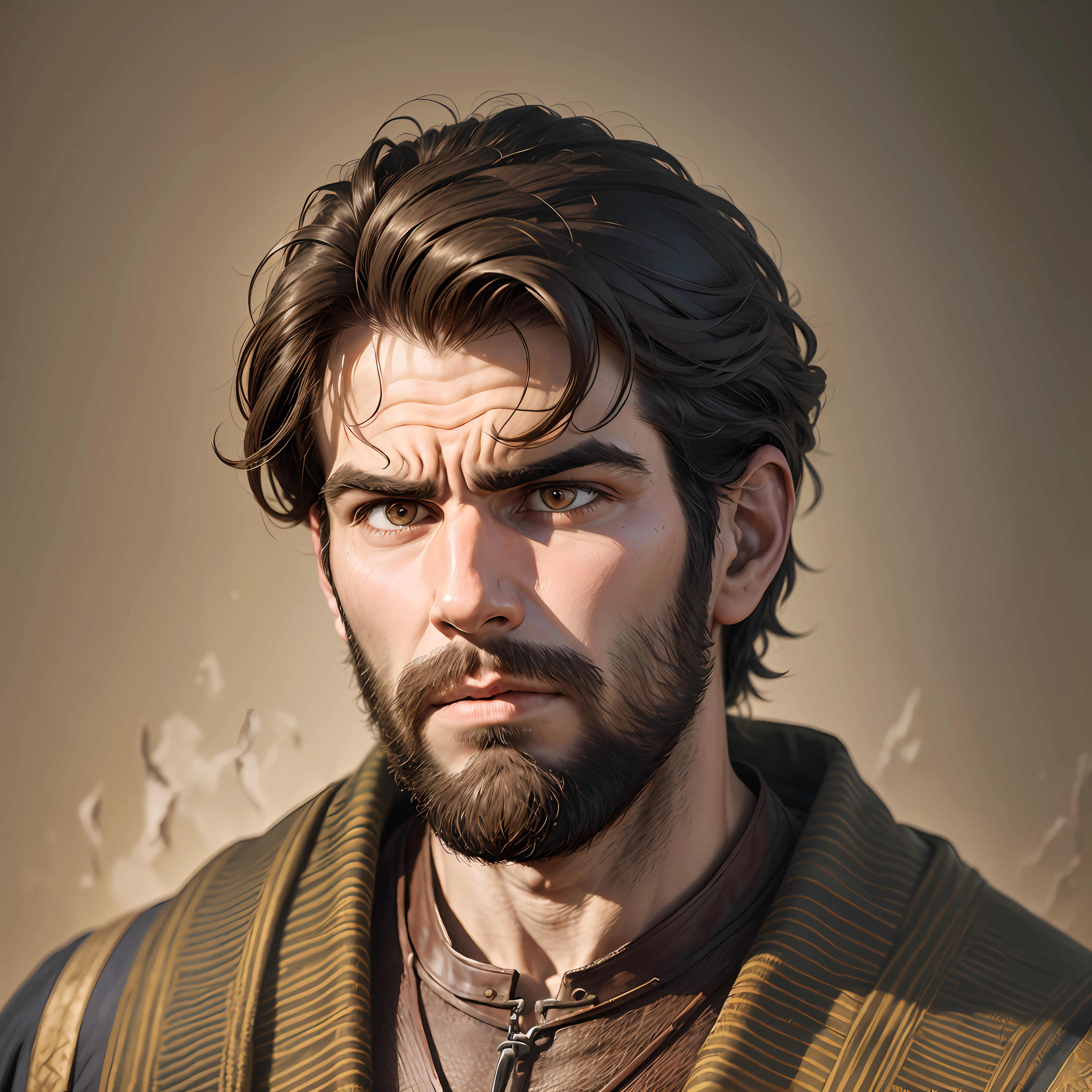 A man with short beards, sad, anguished, ugly, promotional image, biblical clothing, still from a live-action film, filmed film, Diego Fazio, Zachary Quinto, edited --auto --s2