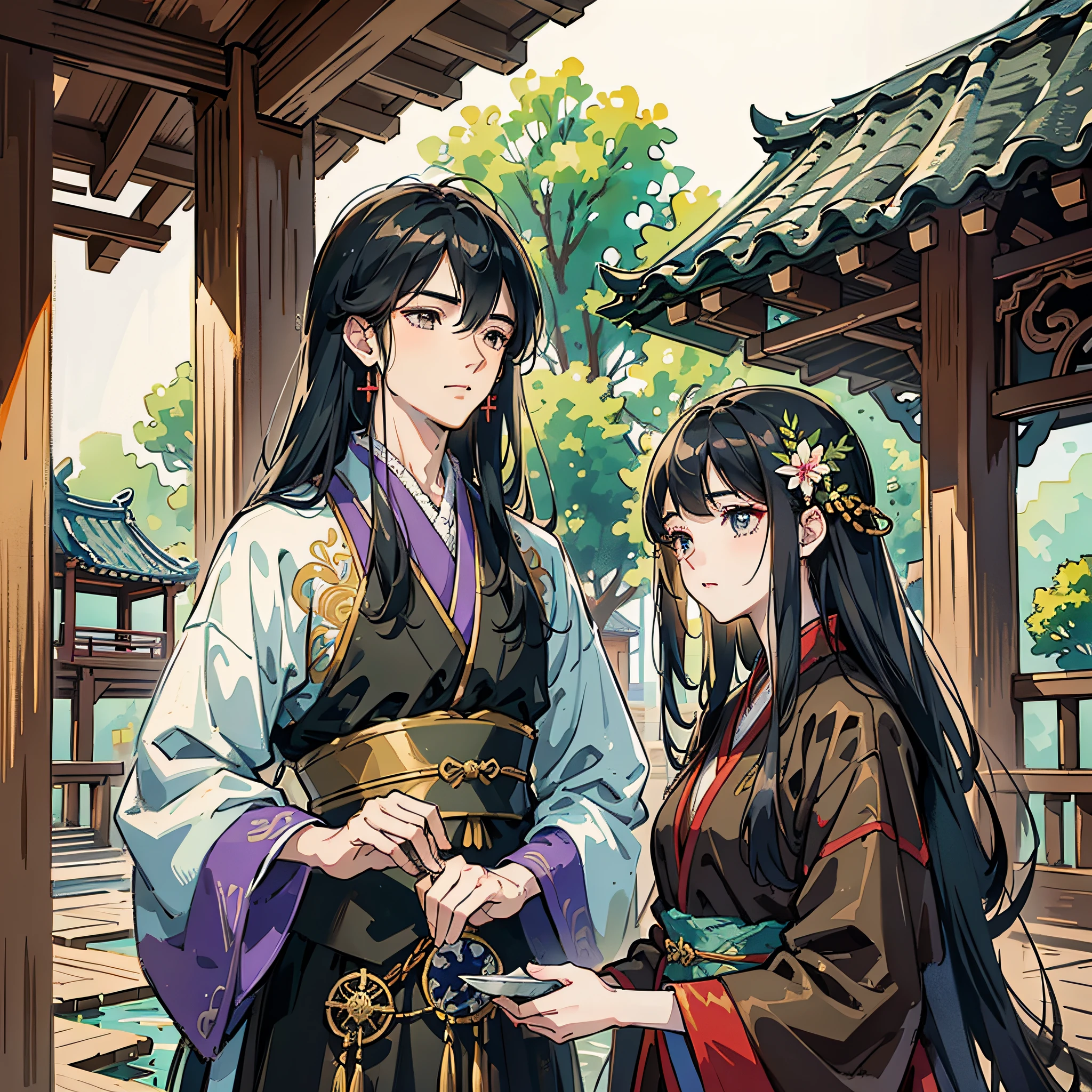 Masterpiece, Excellent, Best Picture Quality, Outdoor, Lakeside, Daytime, 2 Men and 2 Women, Antique, Ancient Chinese, Long Hair, Hanfu, Dark Clothes, Random Colors, Delicate Facial Details --auto --s2