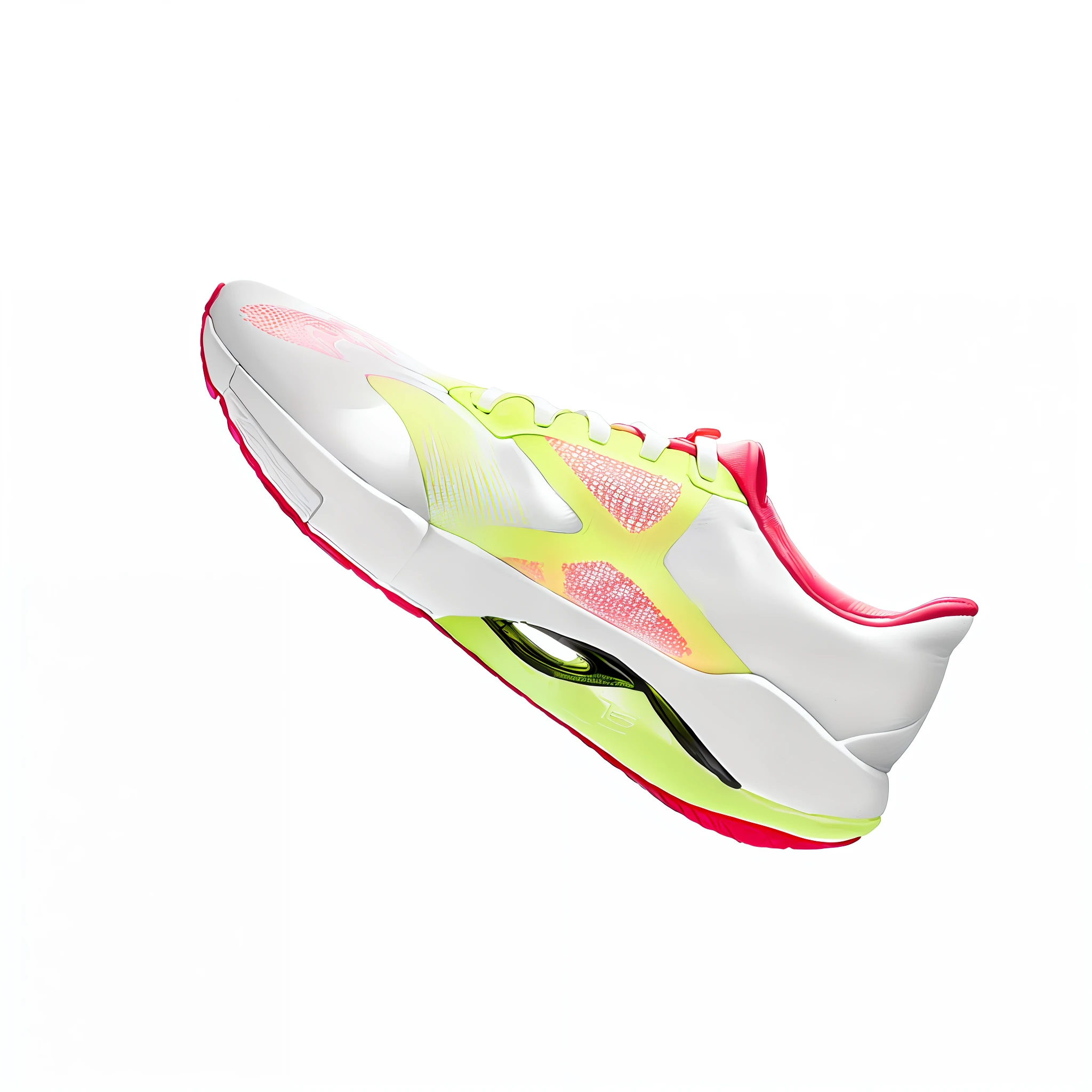 Close up of shoes on a black background with fluorescent color details, running shoes, vibrant and dynamic, speed, water thick autumn peace, futuristic sneakers, white neon, white neon wash, middle len, ultra, dynamic angle shot, angle view, (neon color), running, upper side view, super super detail, profile shot, power