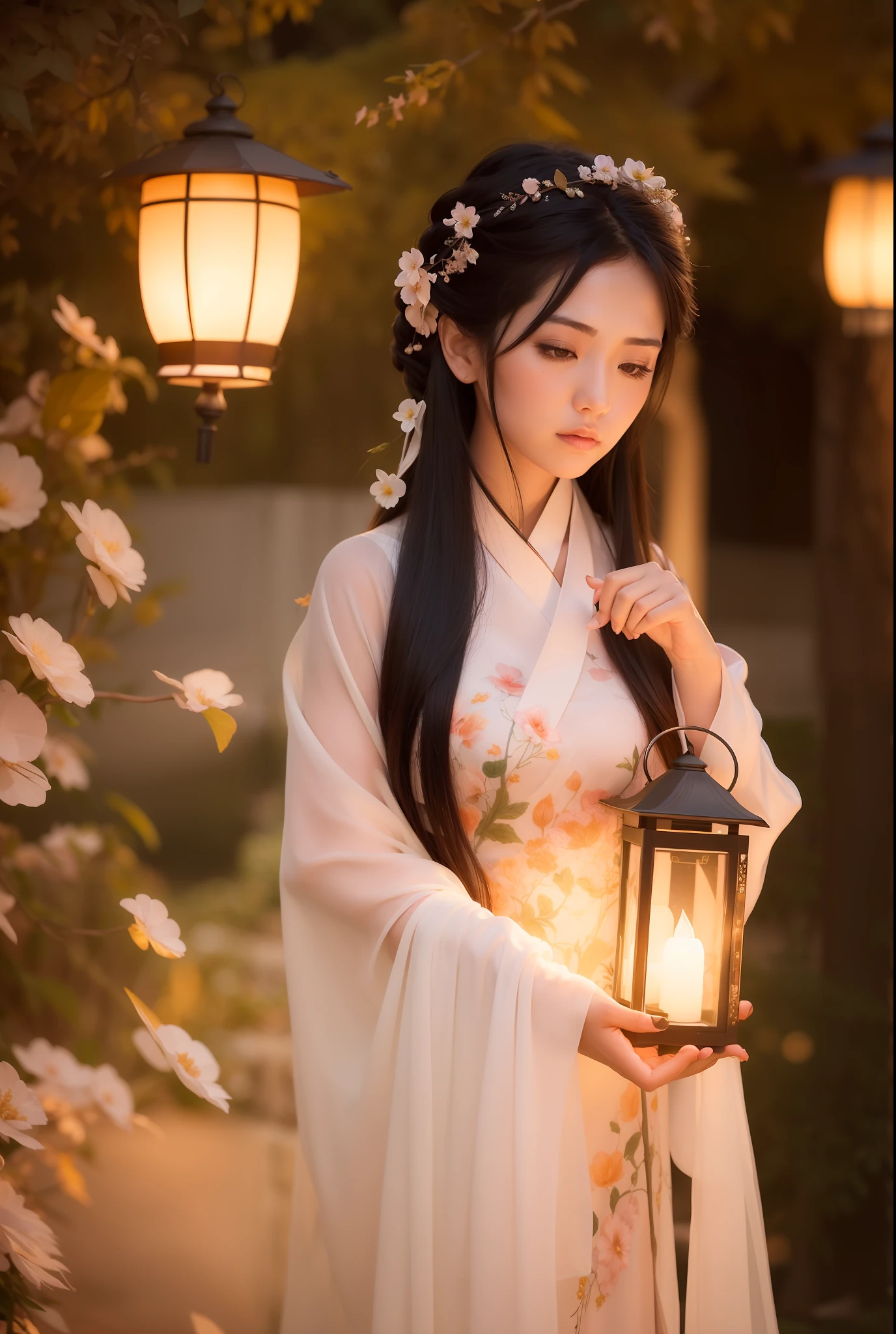 there is a woman holding a lantern in her hand near a bush, artwork in the style of guweiz, ethereal beauty, beautiful soft lighting, guweiz, palace ， a girl in hanfu, 🌺 cgsociety, portrait soft low light, soft ethereal lighting, loish and wlop, anime. soft lighting, gorgeous soft lighting, girl under lantern