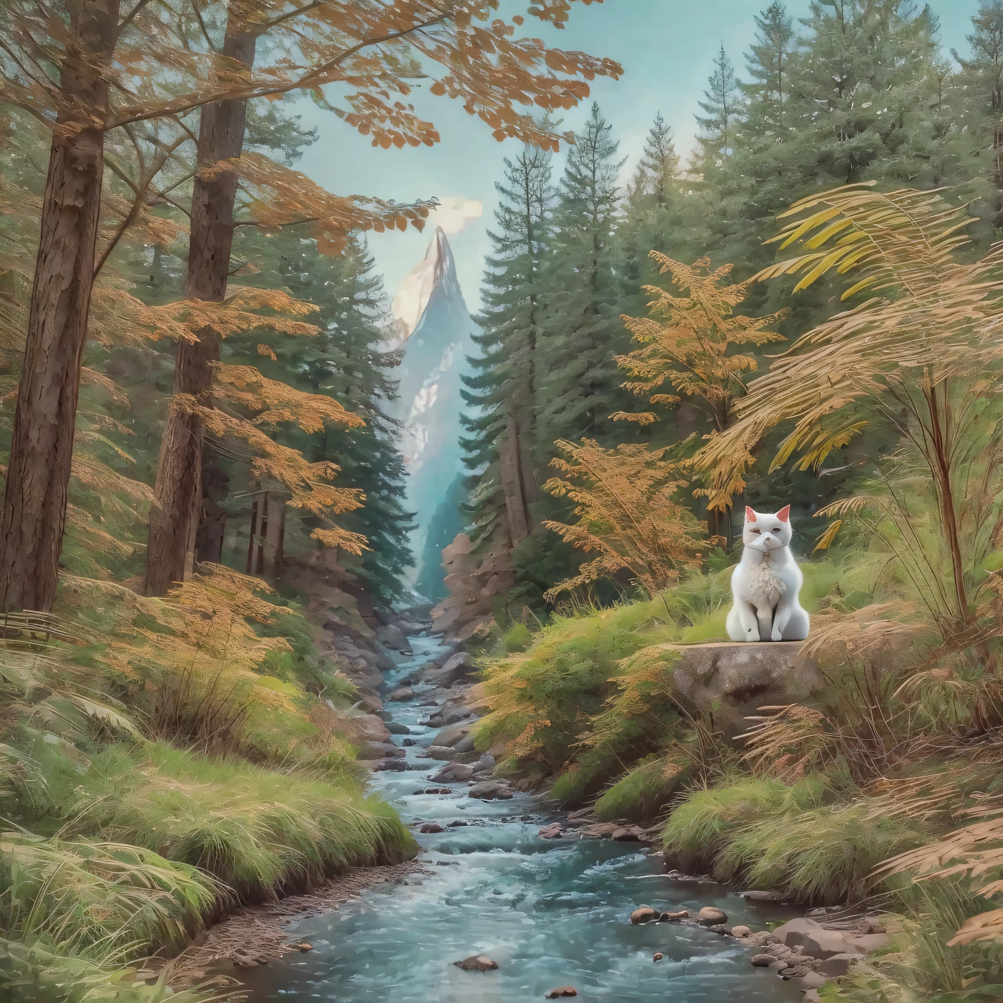 1 cat dressed in pajamas, with a cup of coffee in hand, stream landscape in the background --auto --s2