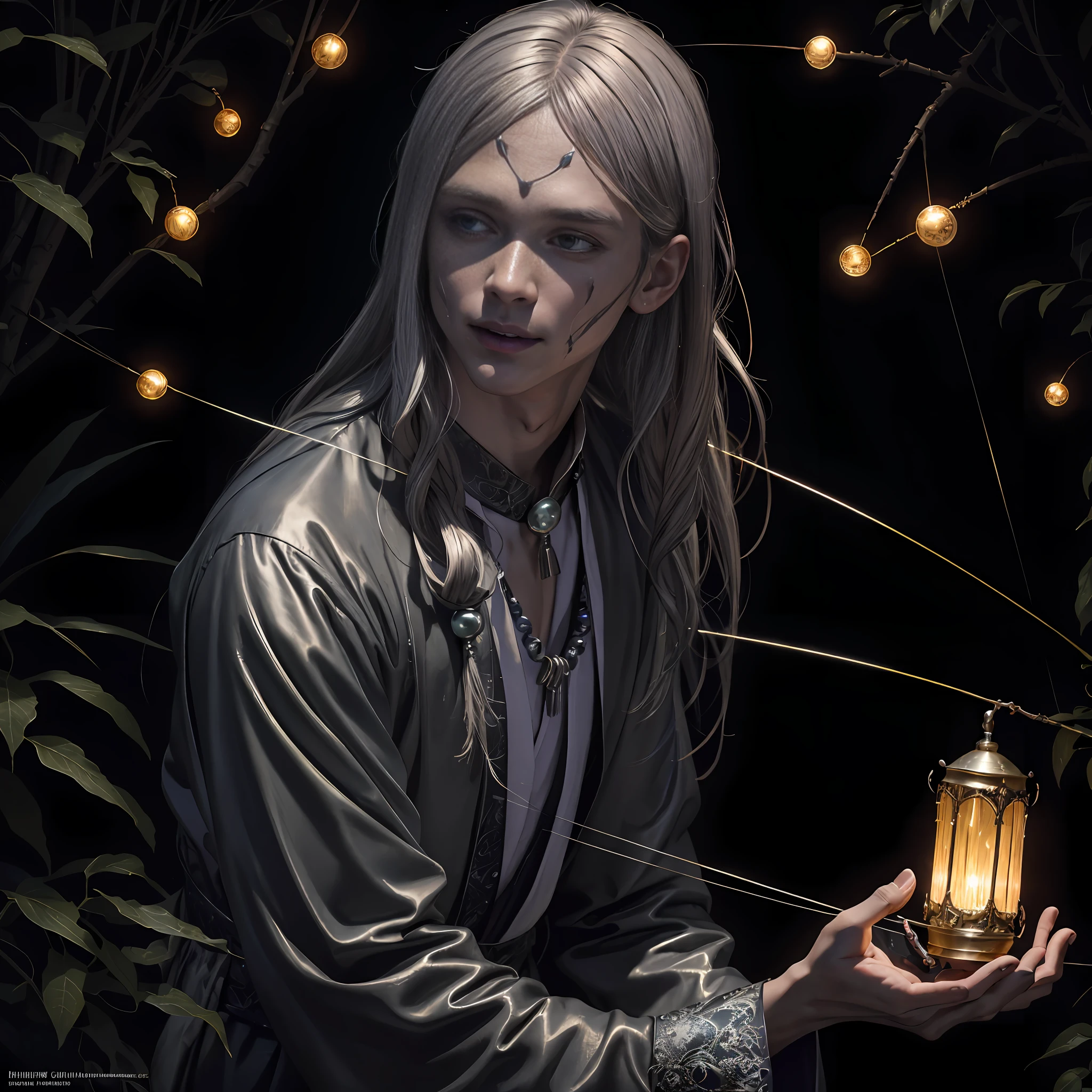 Masterpiece, best quality, MTSpider V4, (((1 young innocent boy)), HDR, very detailed eyes and face, goth, solo, white skin, long hair, beads, japanese clothes, white kimono, silk, stone, forest, northern lights, spider silk, (glowing metal objects hovering in the air and encircling him: 1.2), (arcs and sparks: 1.2), (energy flow: 1.2), (translucent magnetic field lines: 1.2), (gold, silver gray and shimmering light effects: 1.2), horror art, fear, unified 8k wallpapers, ultra-detailed, beautiful and aesthetic, masterpiece, the best quality, deep and rich black shadows, mother earth, smiles, enchanting whimsical fantasy forest background, happiness, enchanting atmosphere, very detailed, dynamic angles, cowboyshot, most beautiful chaotic forms, elegance, fauvist design, bright colors, romanticism, by James Jean, Robbie Devi Antonio, Ross Tran, Francis Bacon, Michal Mlaz, Adrian Ganey, Petra Corright, Gerhard Richter, Takashi Yamamoto, Ashley Wood, Atmospheric