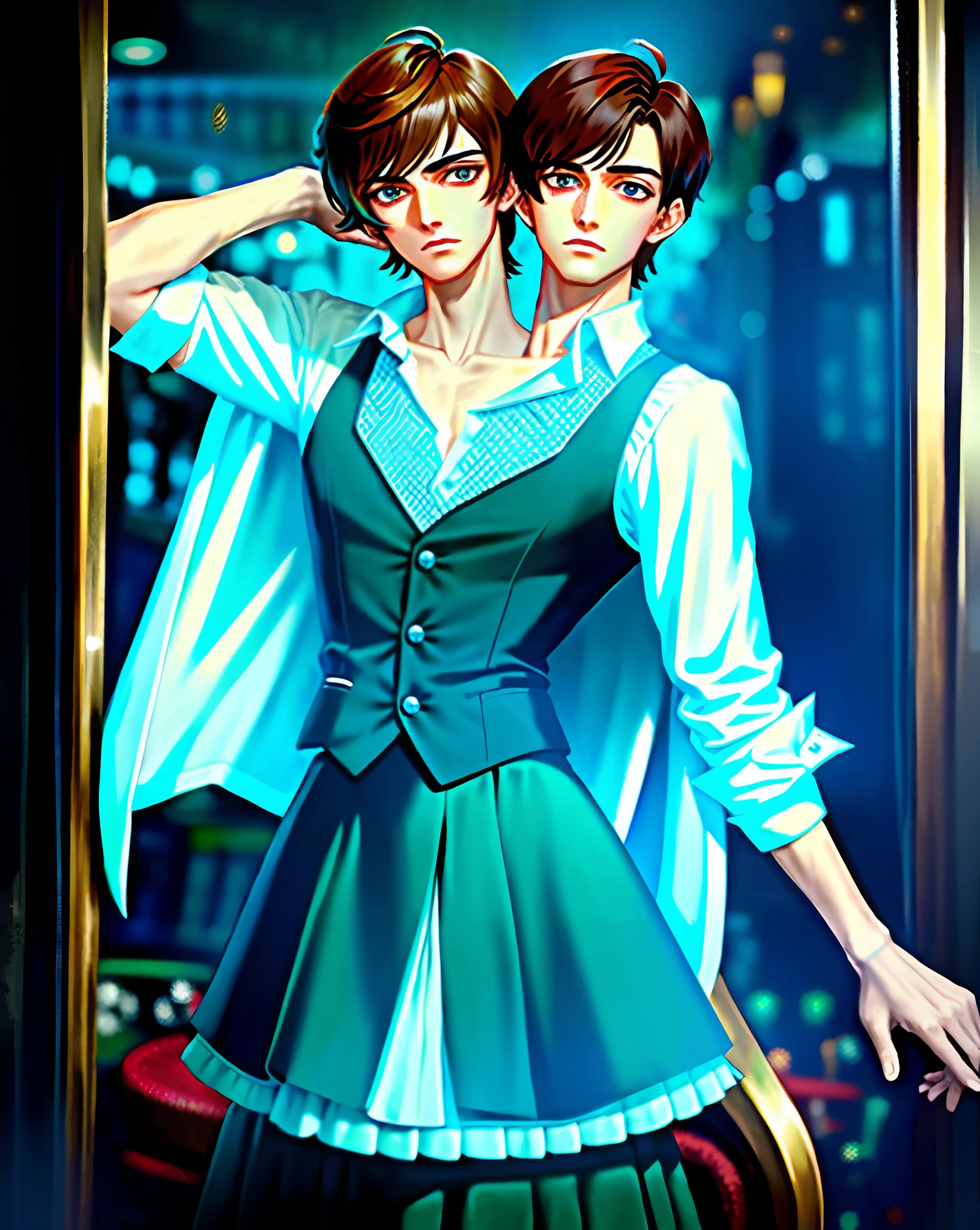 1boy, (man), 2heads, conjoined, heads side by side, no more than 2 arms, broad shoulders, feminine body, anime, extremely detailed, hyper detailed, (broad shoulders), (PERFECT FACE), illustration, soft lighting, 2d, intricate, cowboy shot, detailed eyes, brown hair, black hair, short hair, teal eyes, brown eyes, sexy, unbuttoned shirt,skirt, (outside), casino