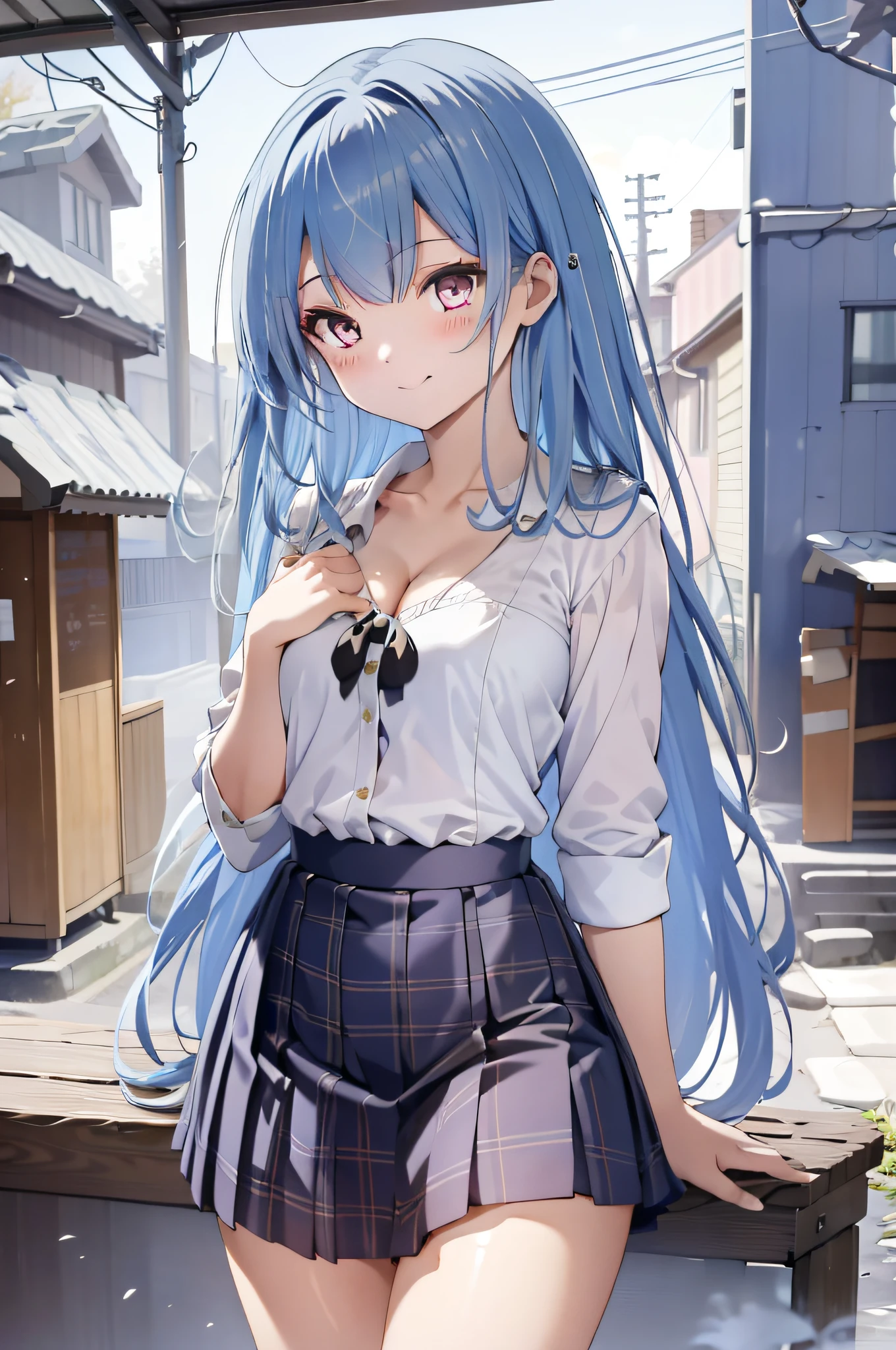 masterpiece, best quality, absurdres, perfect anatomy, 1girl, solo, Sena Kashiwazaki, long hair, butterfly hair ornament, st. chronica academy school uniform, dress shirt, plaid skirt, downblouse, cleavage, leaning forward, arms behind back, standing, smile