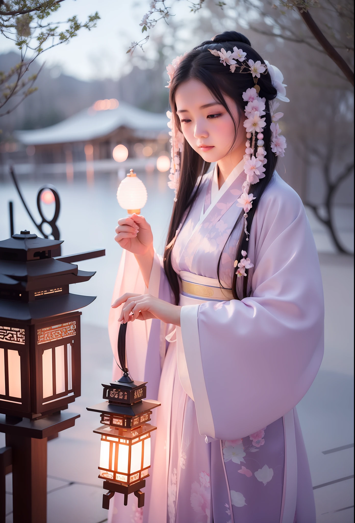 there is a woman in a kimono dress holding a lantern, palace , a girl in hanfu, girl under lantern, ethereal glow, ethereal beauty, white hanfu, ethereal lighting - h 640, guweiz, soft ethereal lighting, artwork in the style of guweiz, by Yang J, 🌺 cgsociety, ethereal light, fantasy gorgeous lighting