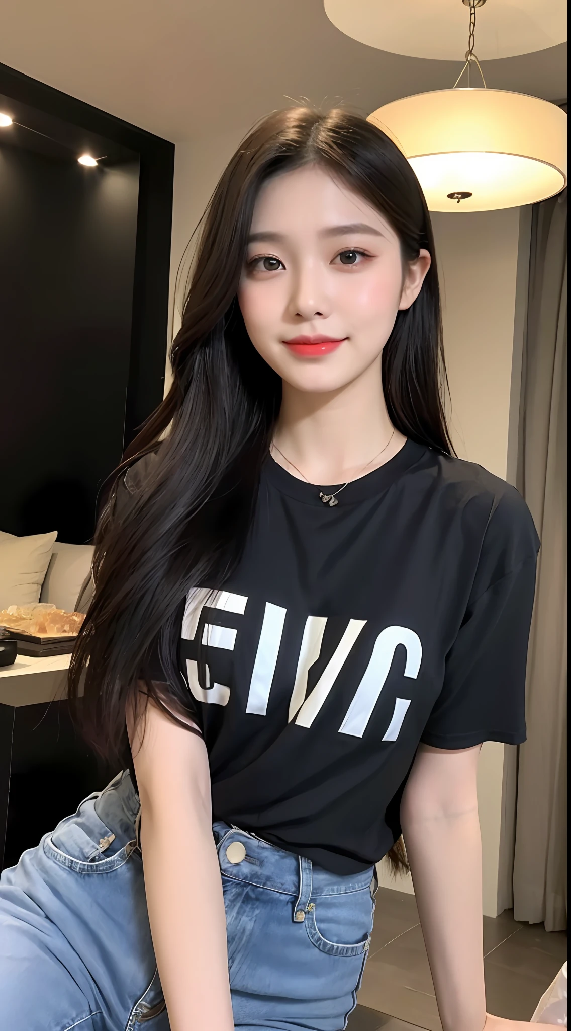 20 years old, slightly chubby and pure beauty, danfeng eyes, double eyelids, lying silkworm, long eyelashes, black eyes, deep black hair, graceful body, showing slender waist, casual T-shirt, new perfect jeans, face highlight, smile, look at me, bust photo, background, city night scene, Tyndall light, filter rendering, super fine, HD, HD, HD picture quality, detail, 18k ultra HD resolution, top effect, master work, bust photo.
