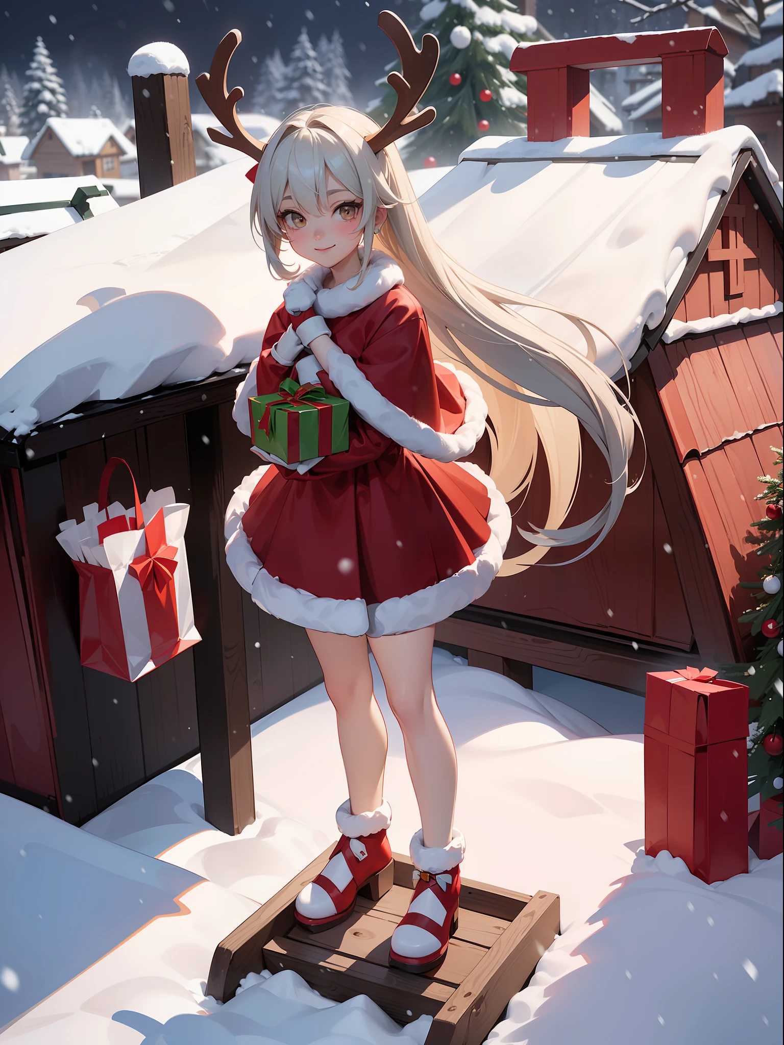((Full body+standing up)), Weight, ((wearing a Santa Claus outfit with+holding a gift bag)), She is smiling, looking at the viewer, ((it's snowing+on top of a house roof+with a reindeer sleigh)), Hyperrealism, 16k, best quality, high details, masterpiece, UHD, anatomically correct, textured skin,cartoon ,real