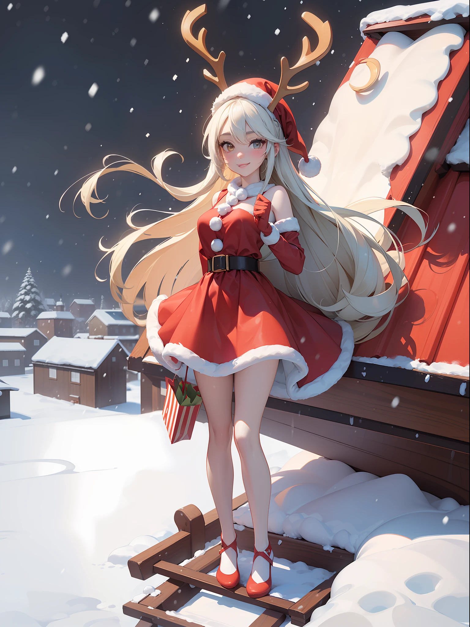 ((Full body+standing up)), Weight, ((wearing a Santa Claus outfit with+holding a gift bag)), She is smiling, looking at the viewer, ((it's snowing+on top of a house roof+with a reindeer sleigh)), Hyperrealism, 16k, best quality, high details, masterpiece, UHD, anatomically correct, textured skin,cartoon ,real