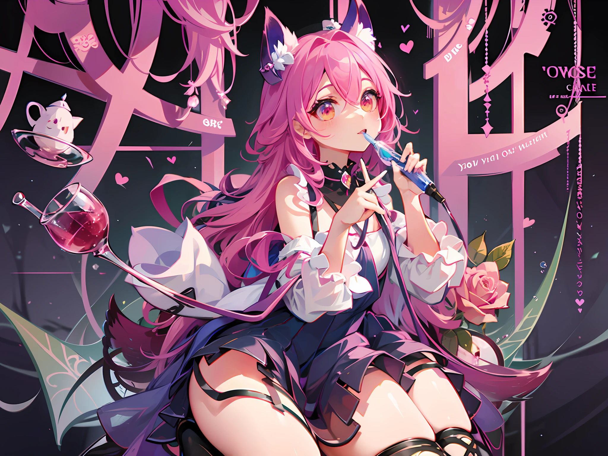 In the fantasy multicolored world, a cute girl, holding a glass cover, with a variety of roses in the cover, the main colors are pink and purple, the overall color is highly saturated color, dark background, fox and rose in "The Little Prince"