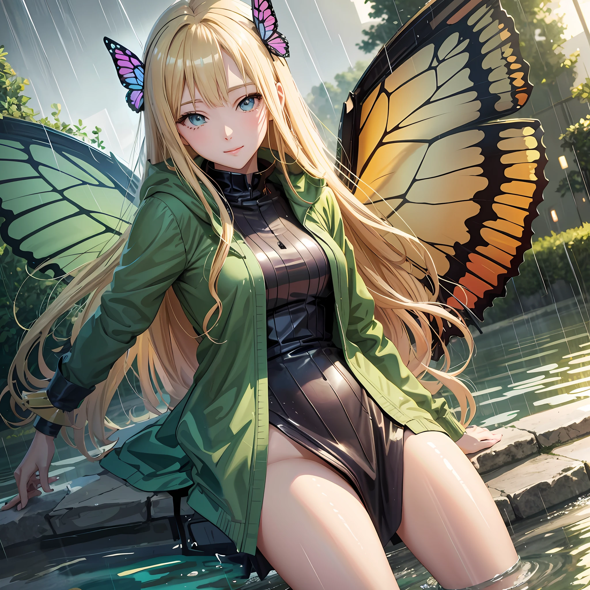 Water pool, green jacket