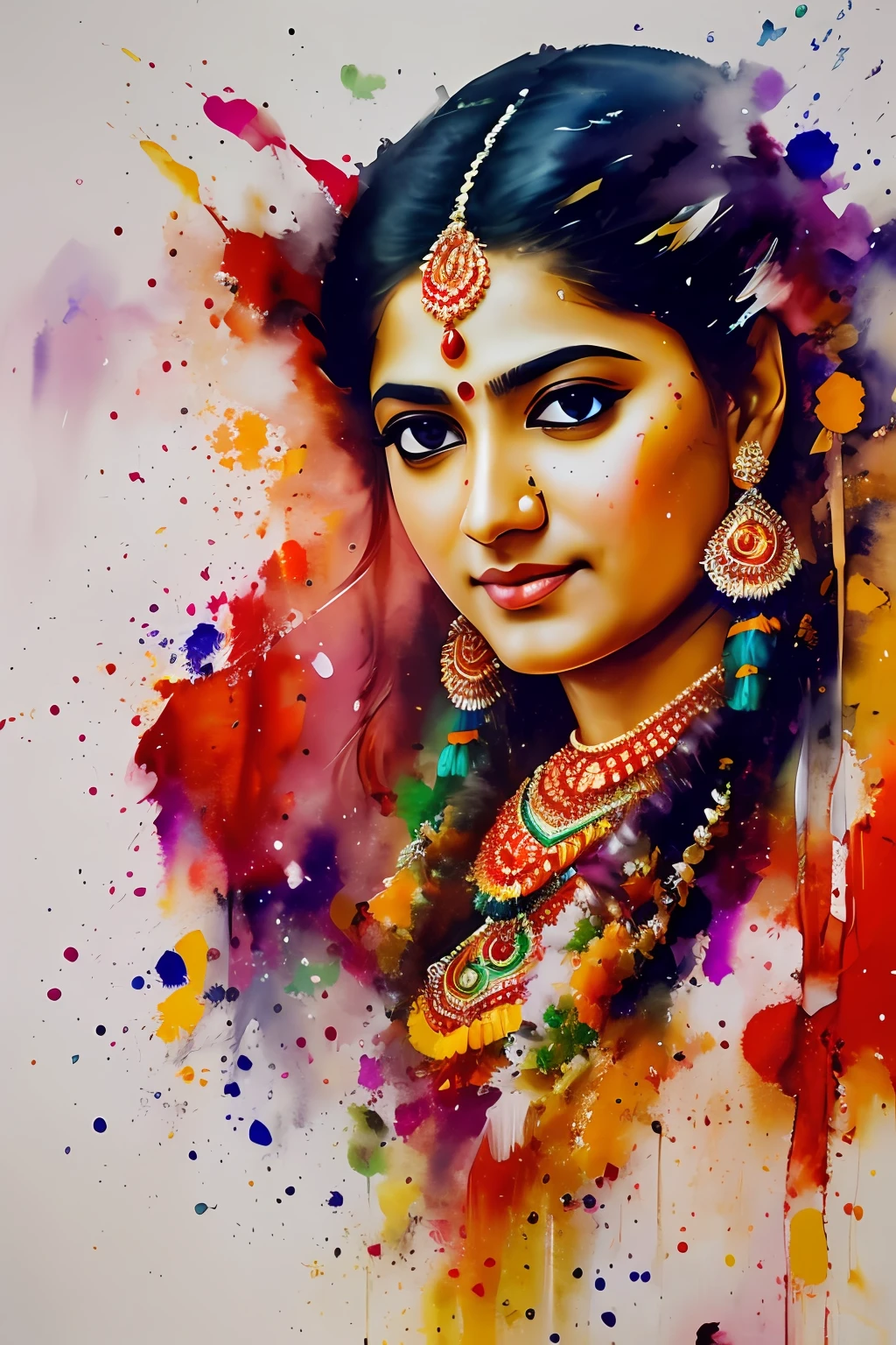 An Indian ethnic traditional dancer, detailed and sharp focus on her face, ultra details, hi-res, portrait by Willem Haenraets, watercolor, wet on wet and splattering techniques, centered, perfect composition, abstraction, surrealism, trending on artstation, sharp focus, studio photo, intricate details, highly detailed, by Greg Rutkowski --auto --s2