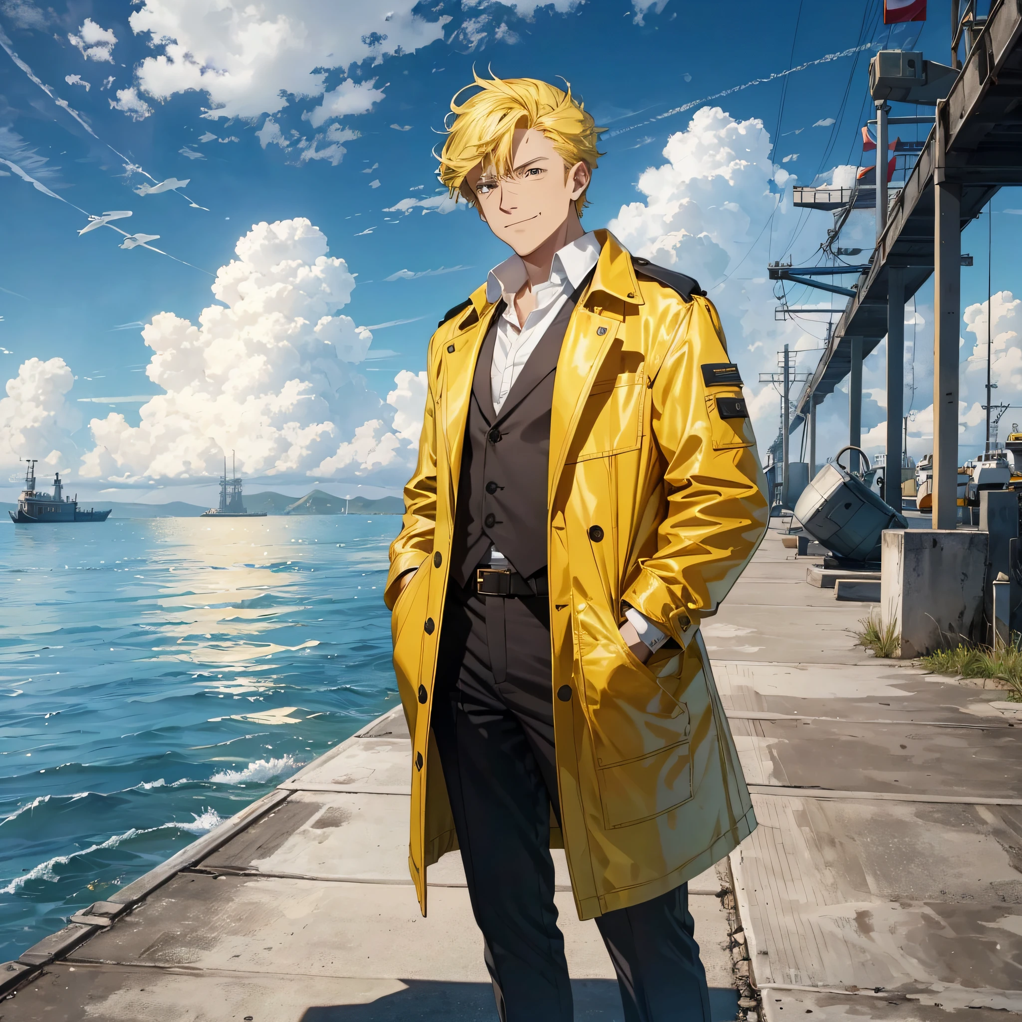 At the weapons testing ground on the open dock by the sea, a scientist dressed up, a yellow coat, a white shirt, and a middle-aged man with yellow hair with a smug and happy expression