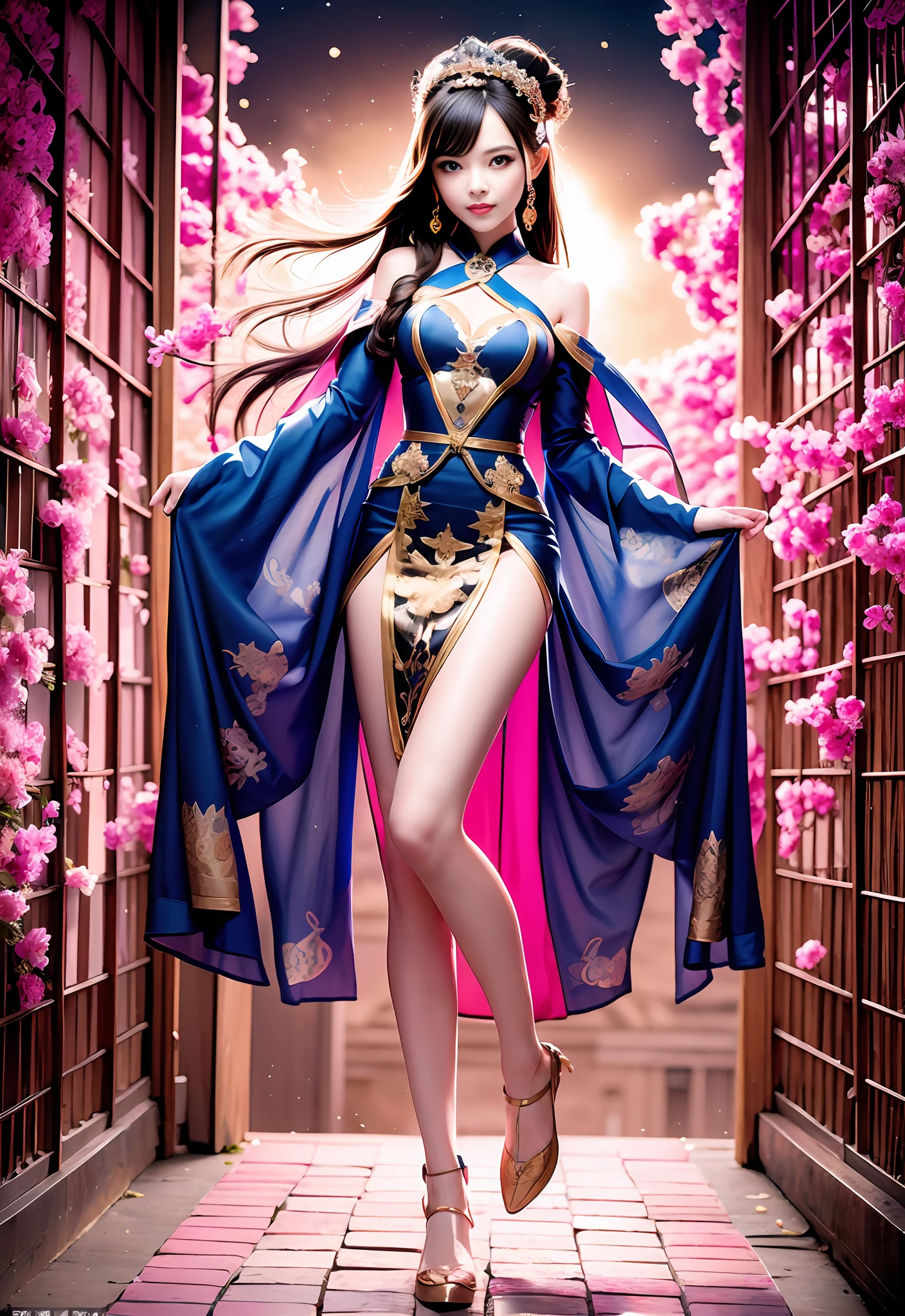 /FS,full body,perfect japanise hafu masterpiece,miniature graceful perfect body,best face,big brown eyes and fluffy eyelashes, small standing breasts,straight graceful legs and arms,best anatomy,best legs,best hands,long highlighted hair like rapunzel, high resolution,clear focus,intricate details, cherry blossom garden background,clothes sexy qipao shot dress in navy blue with cherry blossom blossom patterns with plunging cutouts on the sides, visible white tight-fitting feminine charms panties, skin pores, shiny perfect skin, natural skintone, on the girl's feet graceful dark blue high-heeled shoes over 10 centimeters, beautiful sexy full-length pose, photorealistic, tranding on artstantion, best light, cinematic colorgrade, image highly artistic, shot in the style of Jose Villa, artfine, 8k UHD 3: 4 --auto --s2