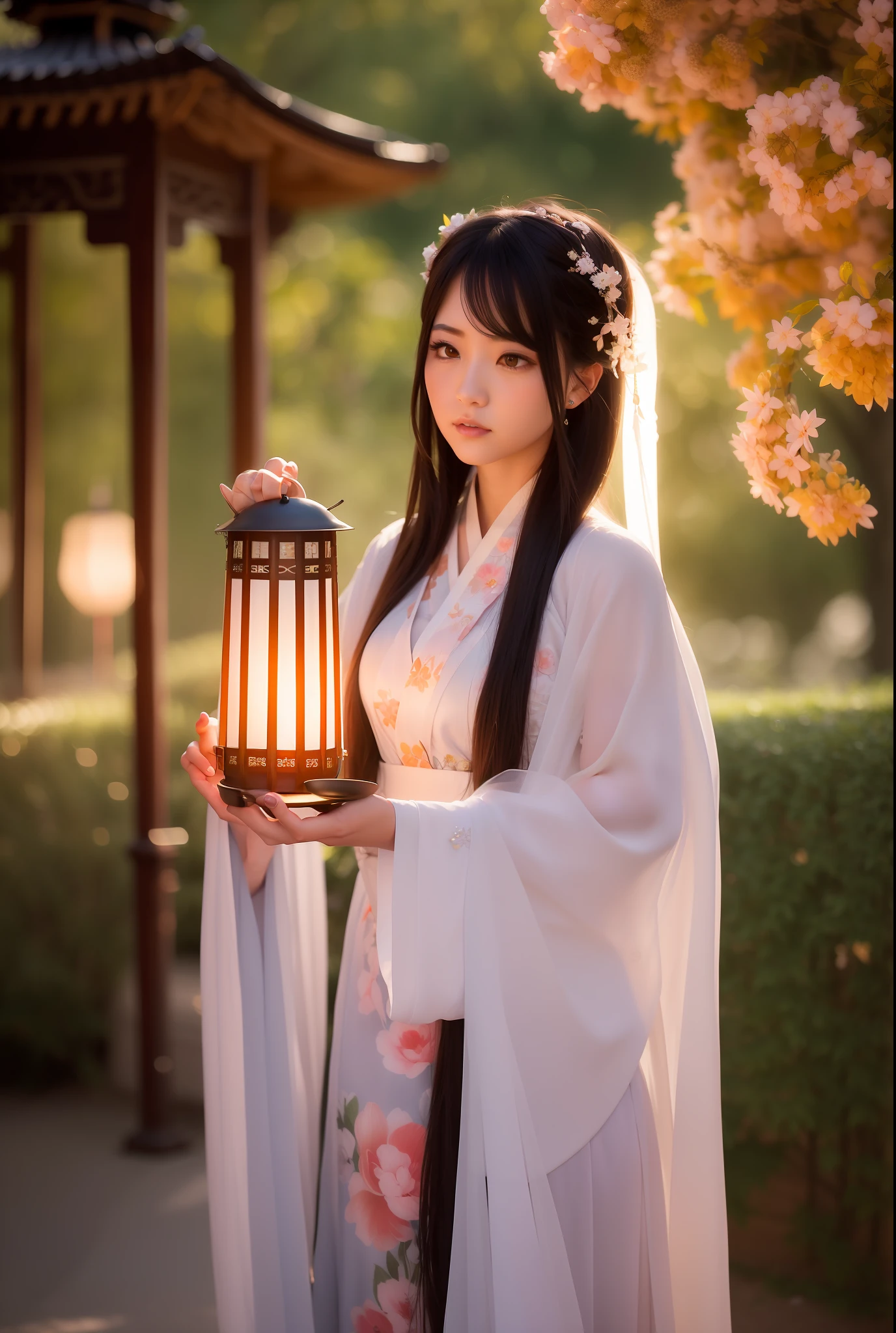 there is a woman holding a lantern in her hand near a bush, artwork in the style of guweiz, ethereal beauty, beautiful soft lighting, guweiz, palace ， a girl in hanfu, 🌺 cgsociety, portrait soft low light, soft ethereal lighting, loish and wlop, anime. soft lighting, gorgeous soft lighting, girl under lantern