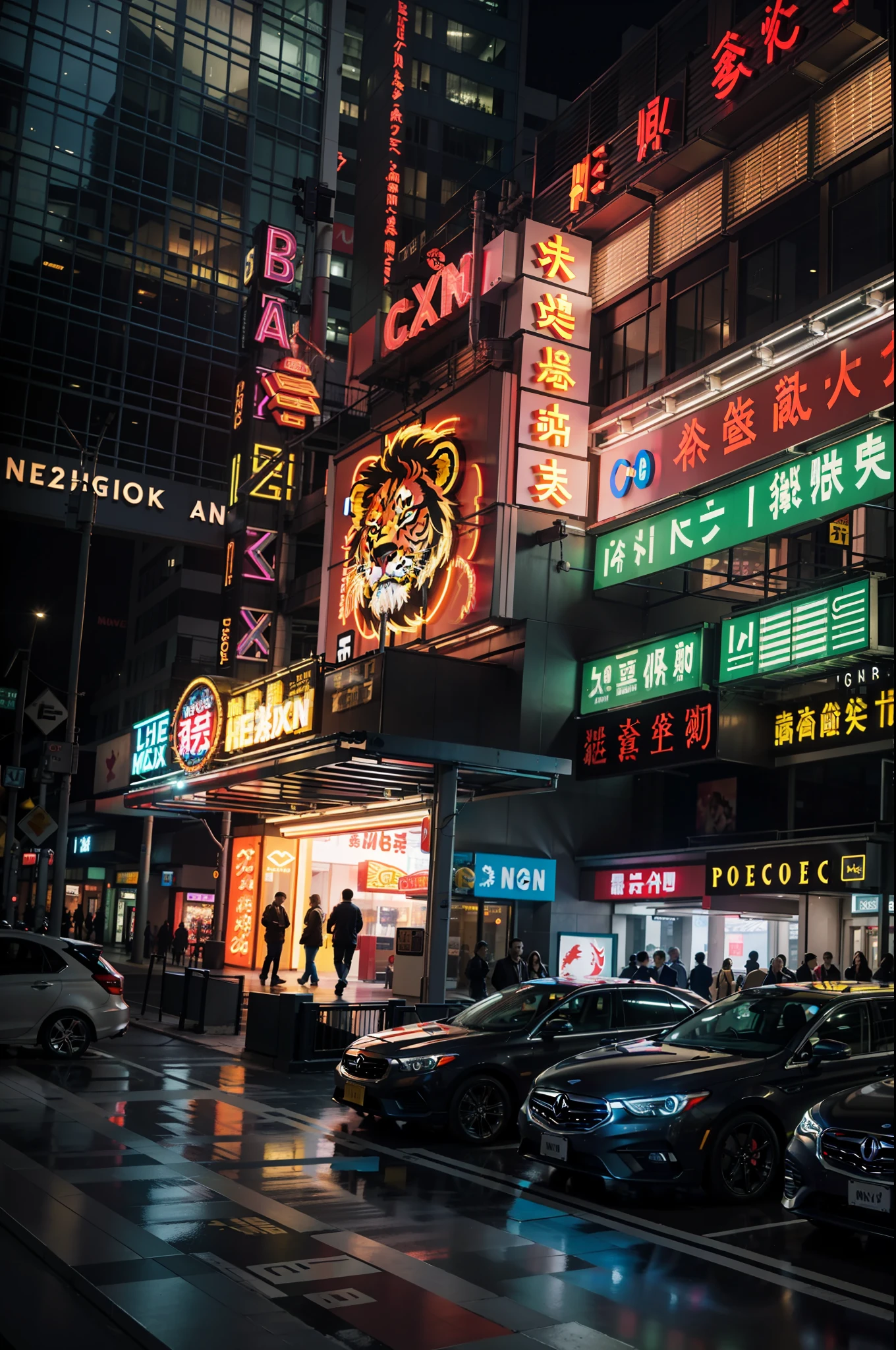 (masterpiece), realistic, HDR, highly detailed, 8k, original photo,
Ambient light occlusion, nature, harmonious composition, warm colors, fine art photography, entrance to a fashion mall, neon signs of various colors, a billboard with a lion dance head pattern above the doorway. Several cars nearby, cyberpunk style, night, magical light atmosphere, stylish architecture.