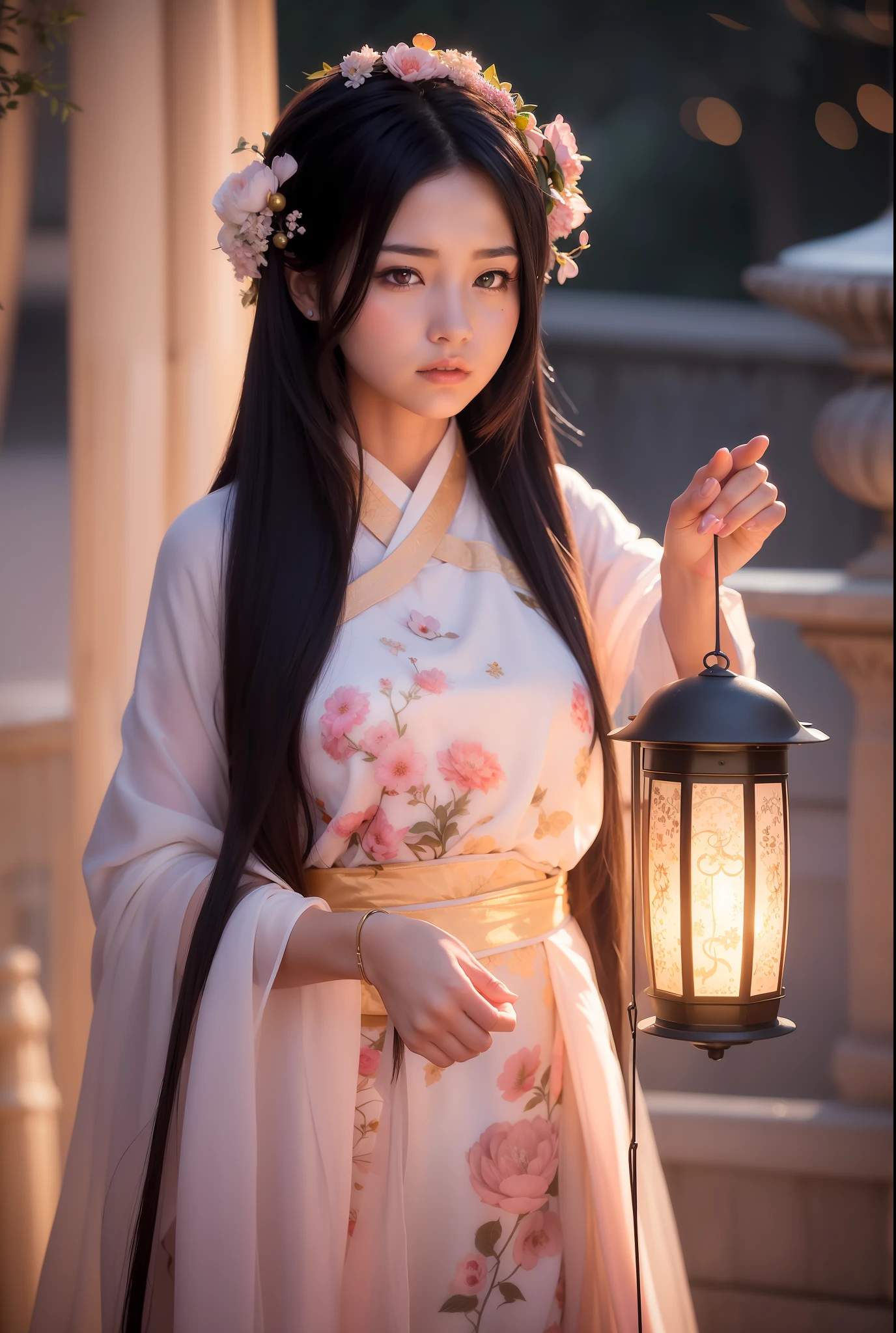 there is a woman holding a lantern in her hand near a bush, artwork in the style of guweiz, ethereal beauty, beautiful soft lighting, guweiz, palace , a girl in hanfu, 🌺 cgsociety, portrait soft low light, soft ethereal lighting, loish and wlop, anime. soft lighting, gorgeous soft lighting, girl under lantern