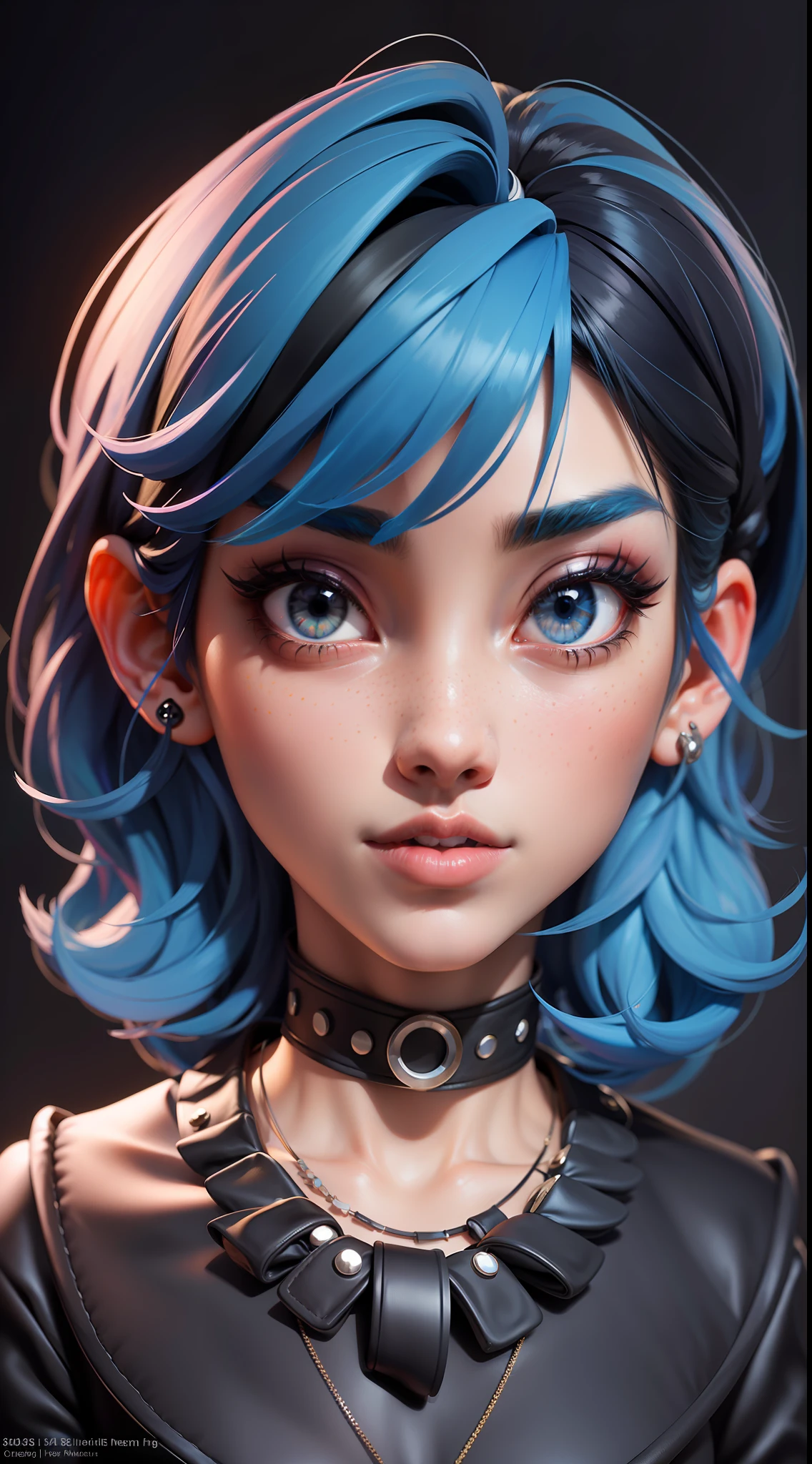 masterpiece, best quality,3d rending work ,3DMM style,close-up,portrait, 3D,1girl, solo, multicolored hair, blue hair, black hair, necklace, freckles, jewelry, two-tone hair, looking to the side, realistic, upper body, simple background, bangs, looking away, short hair, parted lips, black eyes, lips, gothic, choker, makeup, mole, black shirt, shirt, watermark