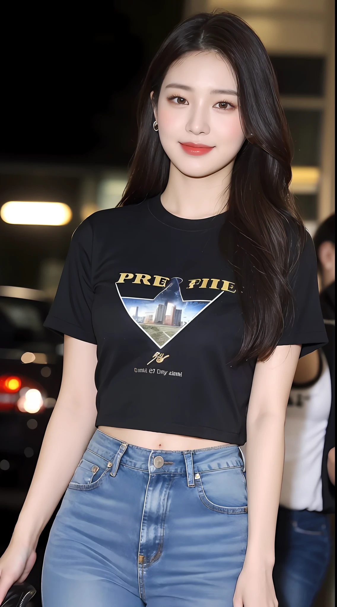 20 years old, slightly chubby and pure beauty, danfeng eyes, double eyelids, lying silkworm, long eyelashes, black eyes, deep black hair, graceful body, showing slender waist, casual T-shirt, new perfect jeans, face highlight, smile, look at me, bust photo, background, city night scene, Tyndall light, filter rendering, super fine, HD, HD, HD picture quality, detail, 18k ultra HD resolution, top effect, master work, bust photo.