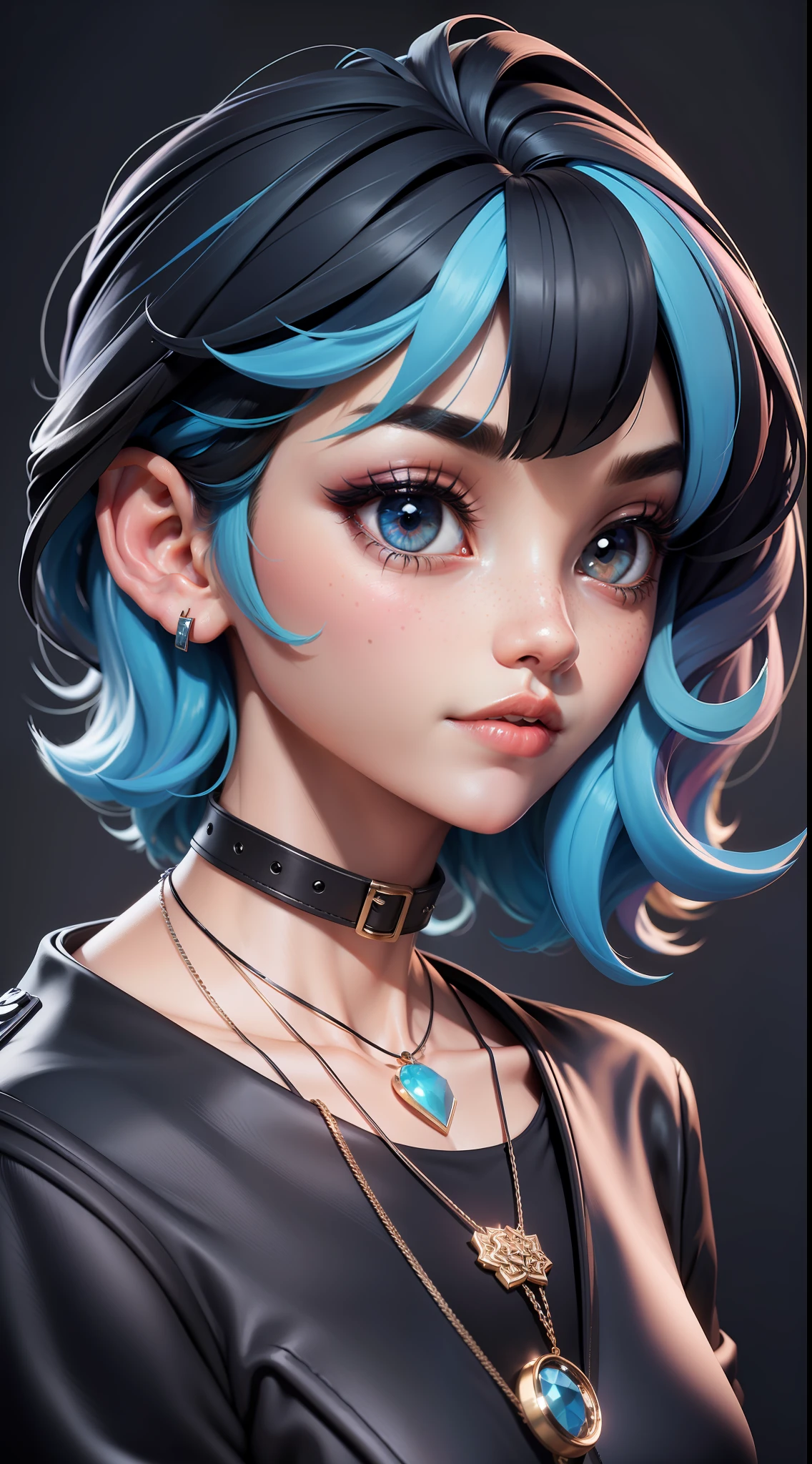masterpiece, best quality,3d rending work ,3DMM style,close-up,portrait, 3D,1girl, solo, multicolored hair, blue hair, black hair, necklace, freckles, jewelry, two-tone hair, looking to the side, realistic, upper body, simple background, bangs, looking away, short hair, parted lips, black eyes, lips, gothic, choker, makeup, mole, black shirt, shirt, watermark