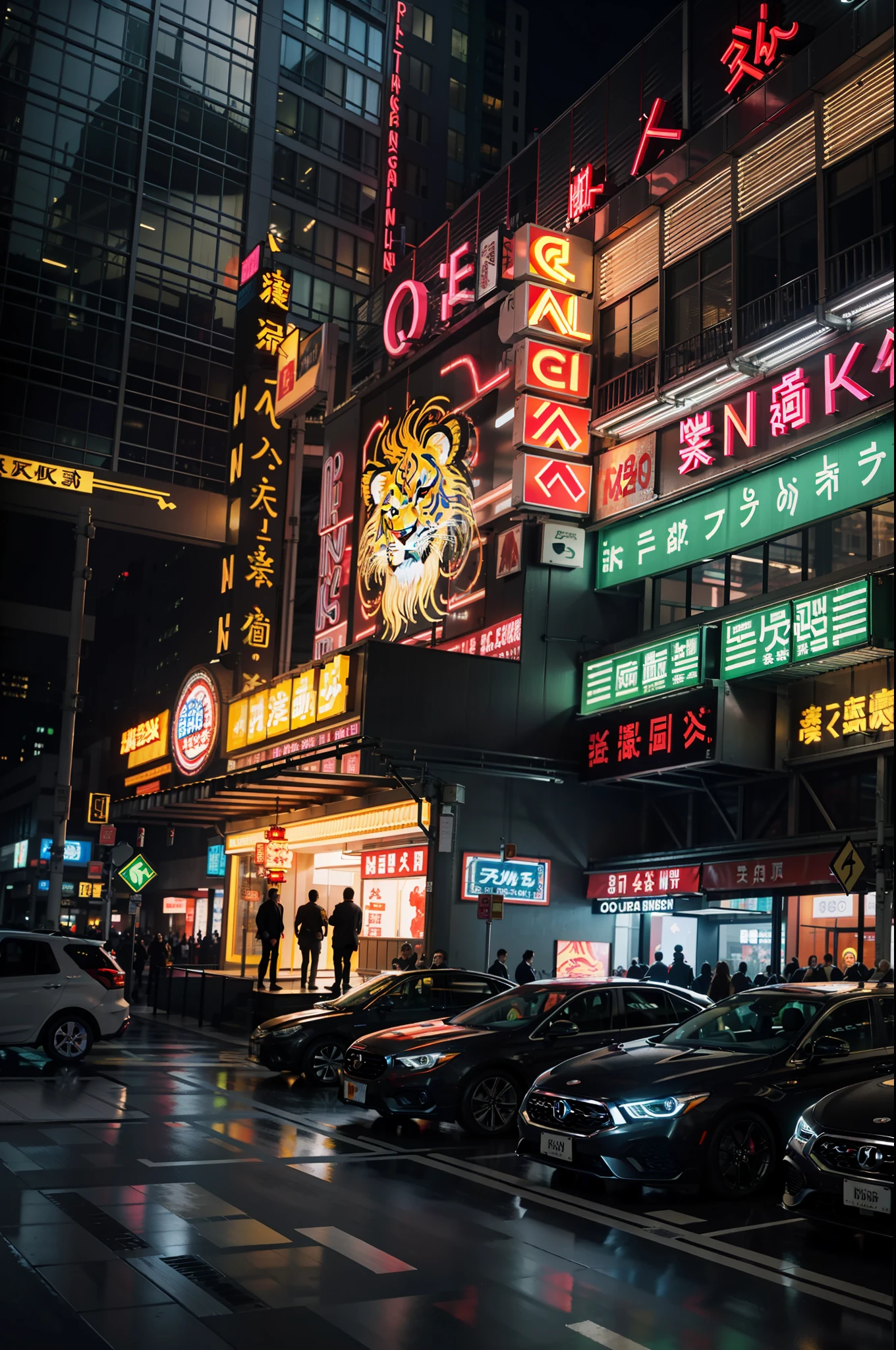 (masterpiece), realistic, HDR, highly detailed, 8k, original photo,
Ambient light occlusion, nature, harmonious composition, warm colors, fine art photography, entrance to a fashion mall, neon signs of various colors, a billboard with a lion dance head pattern above the doorway. Several cars nearby, cyberpunk style, night, magical light atmosphere, stylish architecture.