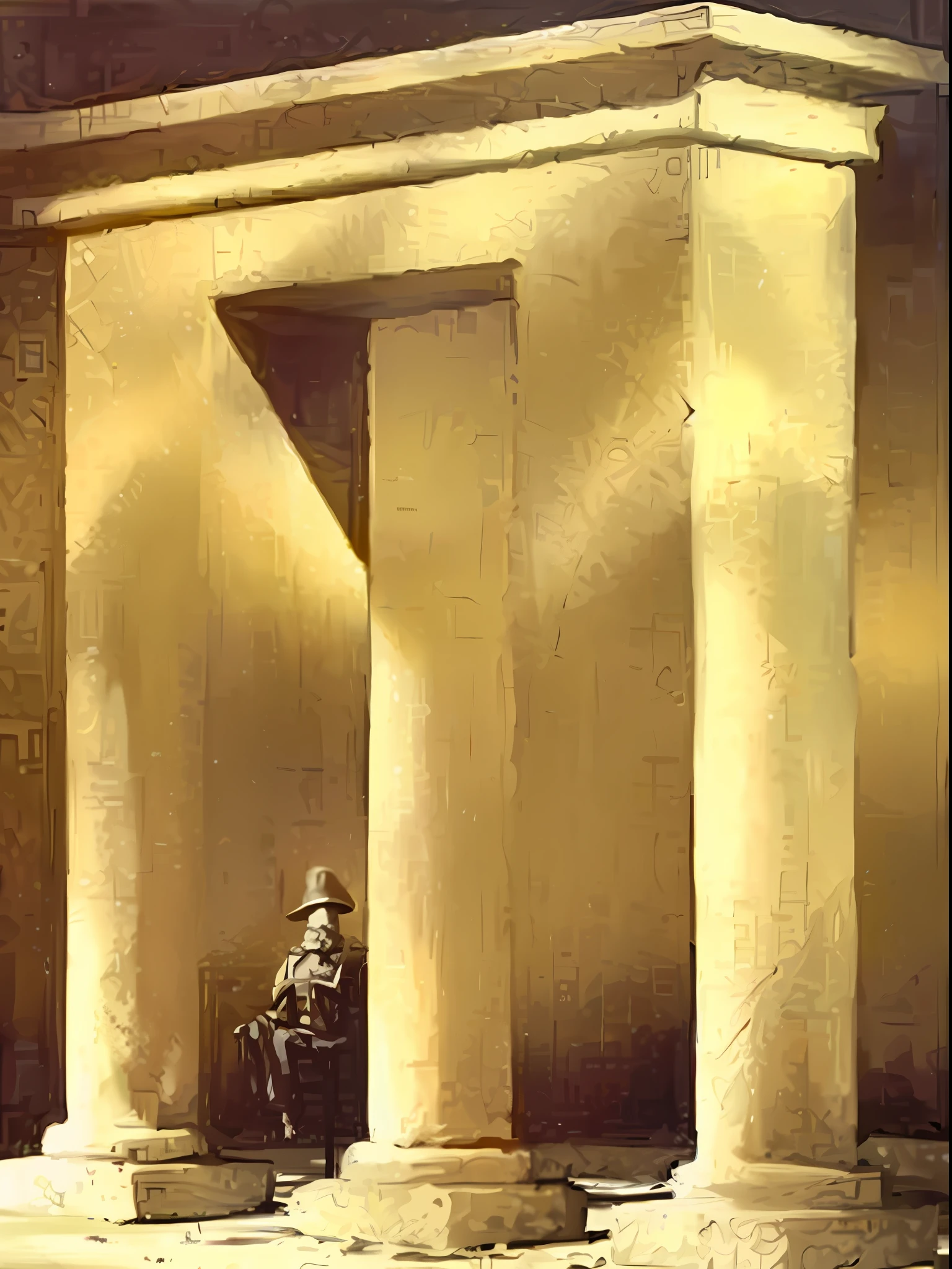 there is a painting of a man sitting in a chair in a room, doorways. zdzisław beksinski, zdzislaw beksiński, zdzisław beksiński, zdzisław beksiński style, illusion painting hidden image, beksiński, pyramid portal
