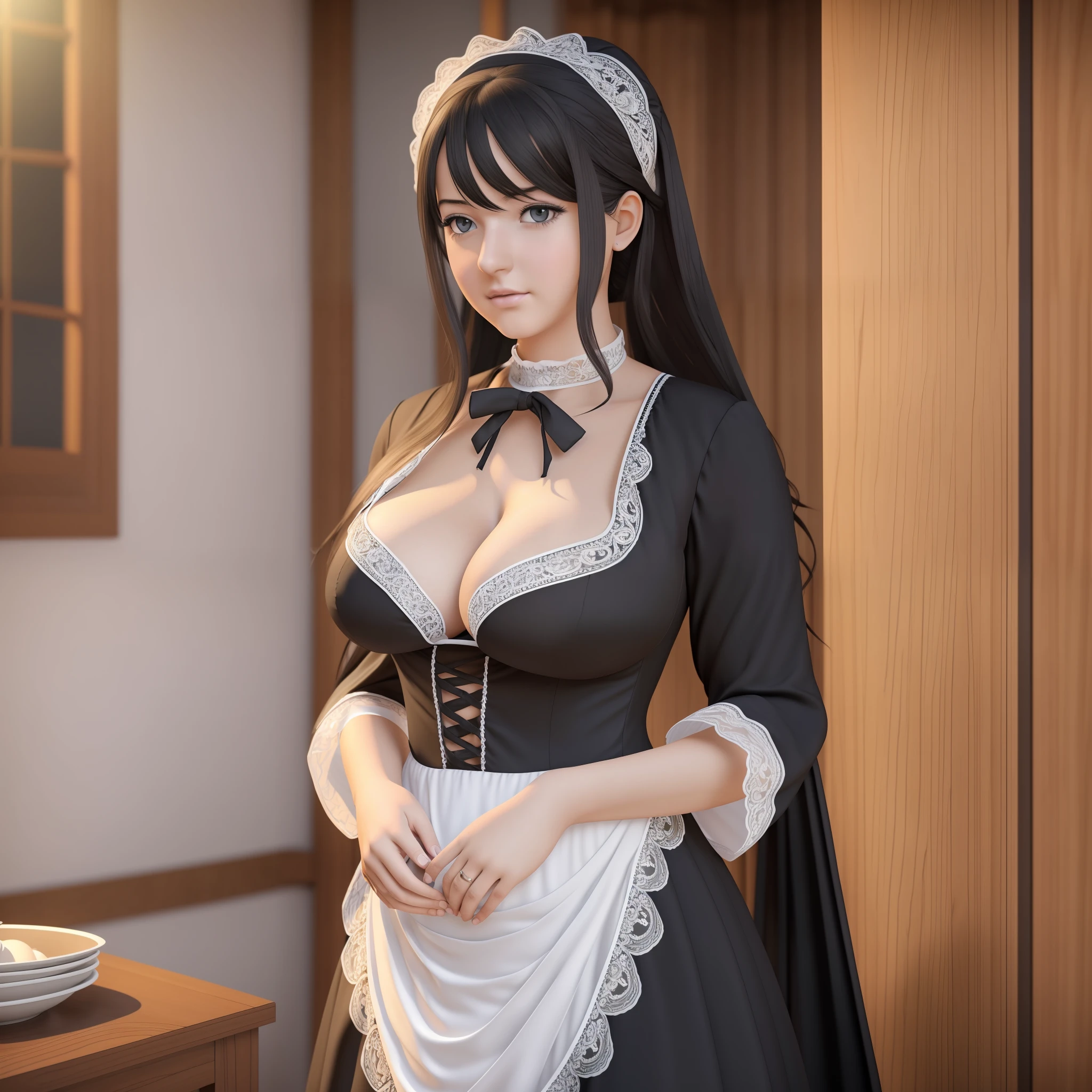 best quality, ultra high res, (photorealistic:1.4), 1girl, (intricate maid clothes:1), curvy, large breasts, black hair, looking at viewer --auto --s2