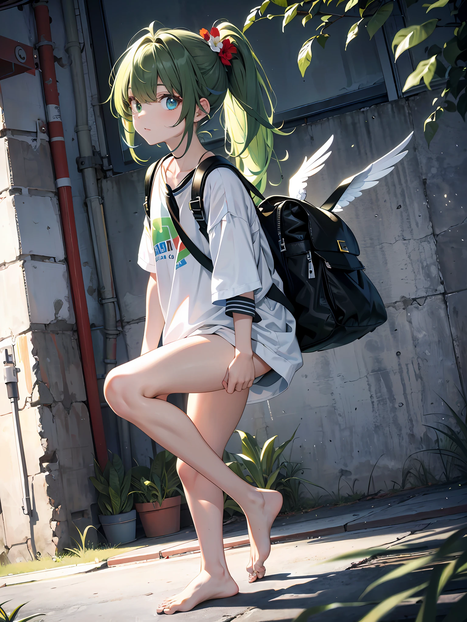 (8k, best quality, masterpiece: 1, 2), top quality, masterpiece, underwear without panties, glasses, green hair, long hair, bangs, big ponytail, heterochromia, blue pupil of left eye, red pupil of right eye, blue eye of left eye, red eye of right eye, angel wings, head ring, white head flower, casual wear, black backpack strap, neck strap, bare foot, bare foot, single foot, ankle ring, leg ring, flat chest, tomboy, exposed, edge rubbing, leaky flesh