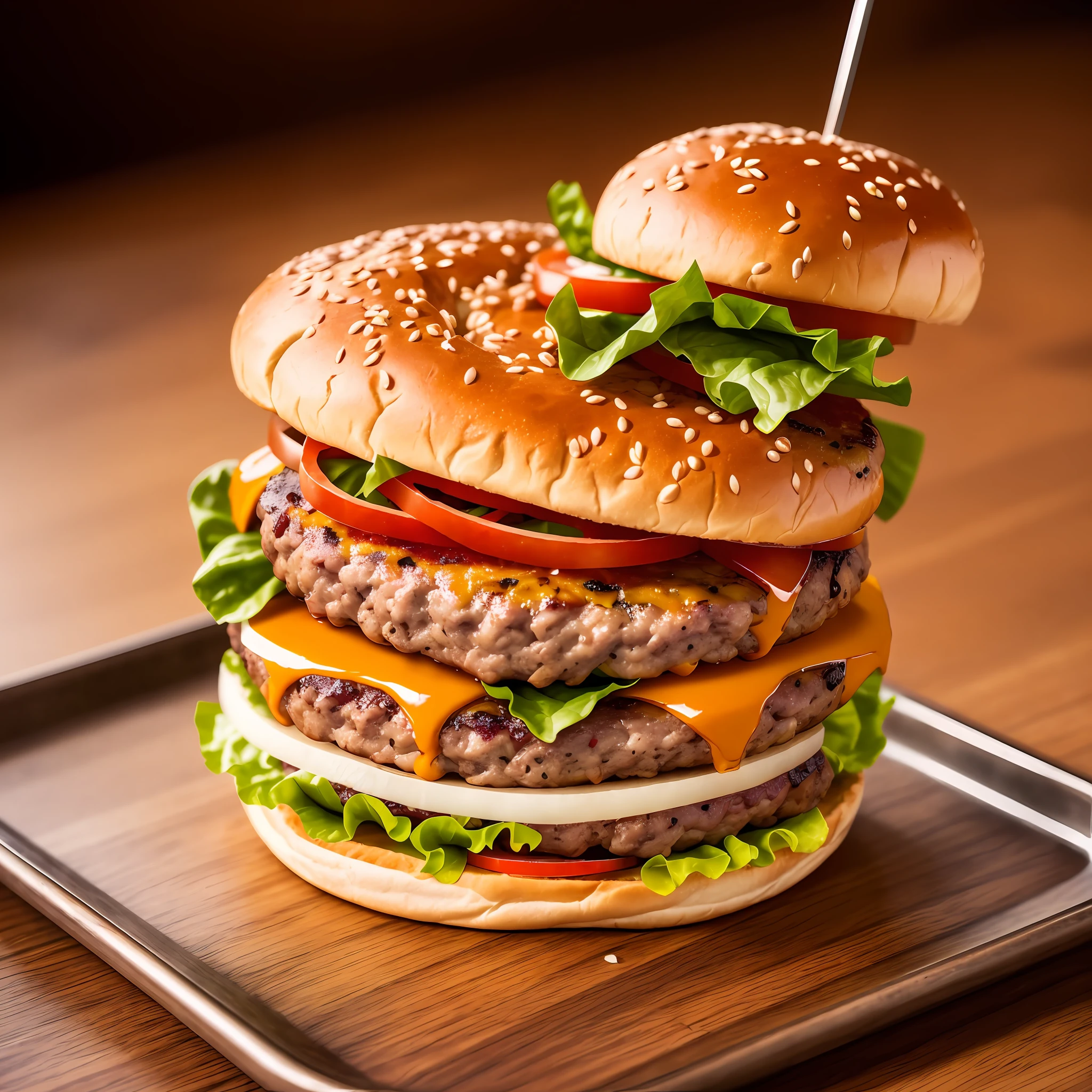 A burger falling into juicy pieces, tasty, hot, promotional photo, intricate details, hdr, cinematic, adobe lightroom, highly detailed, space for text, space for title over photo --auto --s2