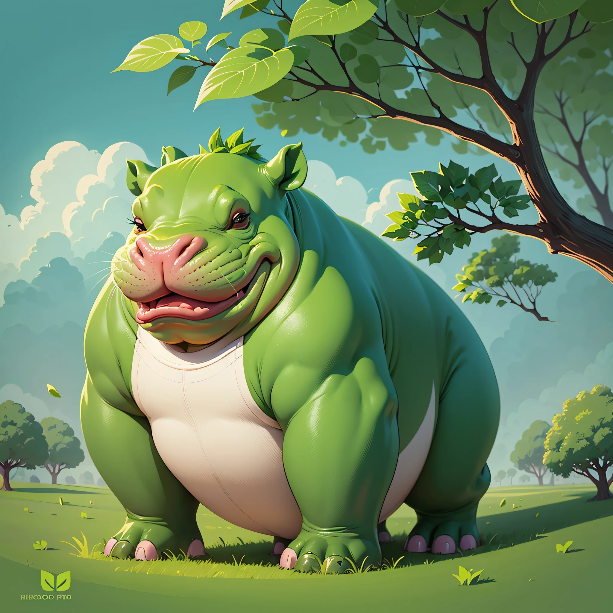 hippo standing on grass with a green background and a green leaf, hippopotamus, lineless, iconic green character, cartoonish vector style, cute cartoonish, plus hippo, cartoonish and simplistic, in digital illustration style, 2D flat vector art, wallpaper!, flat vector art, green tigers, green grass, beautiful digital art, very stylized --auto --s2