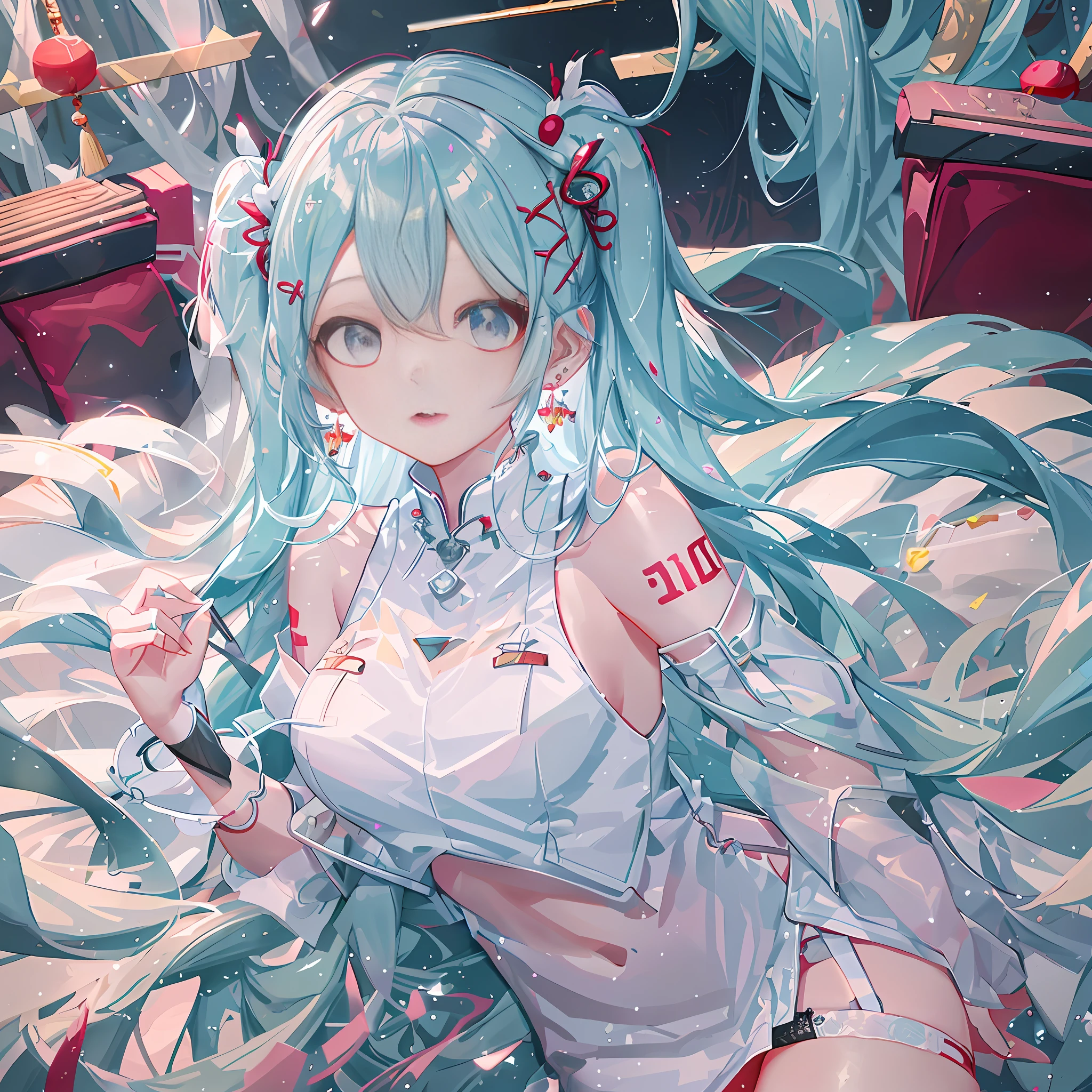 white High split cheongsam,white loli,thin,chinese,Red pupil,Earrings,Whole body, long white hair,earrings,Lie, lie on the white bed. Bracelet, earring,hairpins, bracelets, jewelry, necklaces,, white stockings, lift, reveal, lace, nice, beatuy, pretty